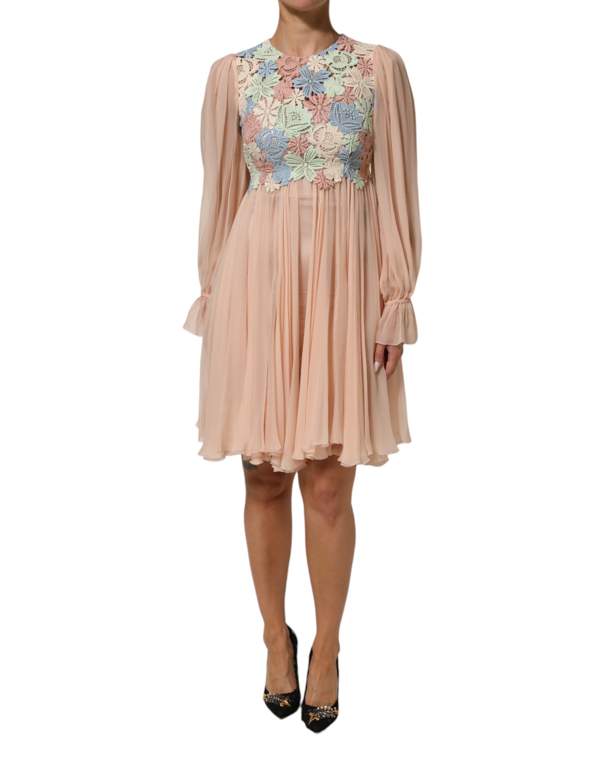 Dolce & Gabbana Pink Floral Embroidery Pleated A-line Dress - Image 2