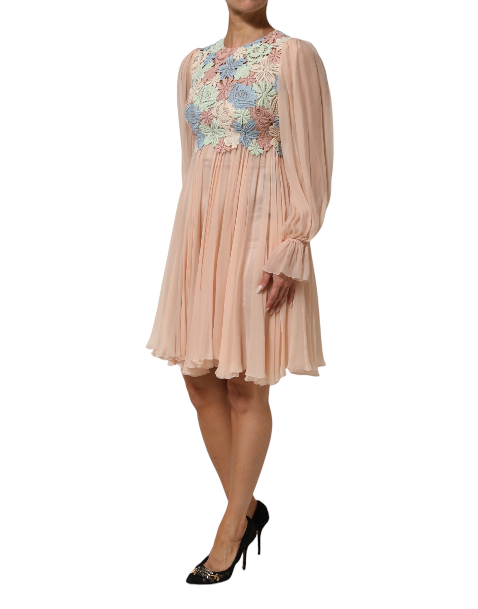 Dolce & Gabbana Pink Floral Embroidery Pleated A-line Dress - Image 3