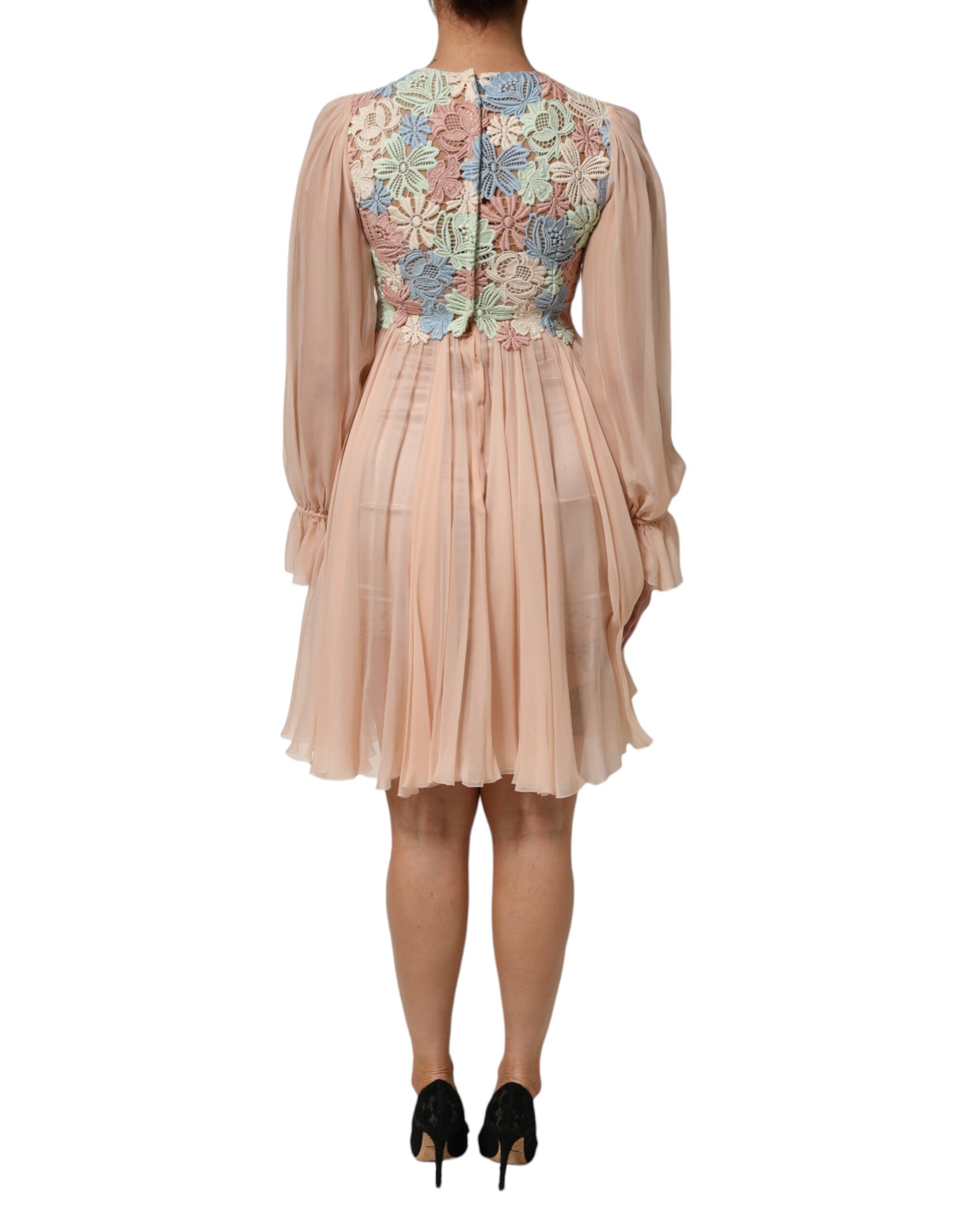 Dolce & Gabbana Pink Floral Embroidery Pleated A-line Dress - Image 4