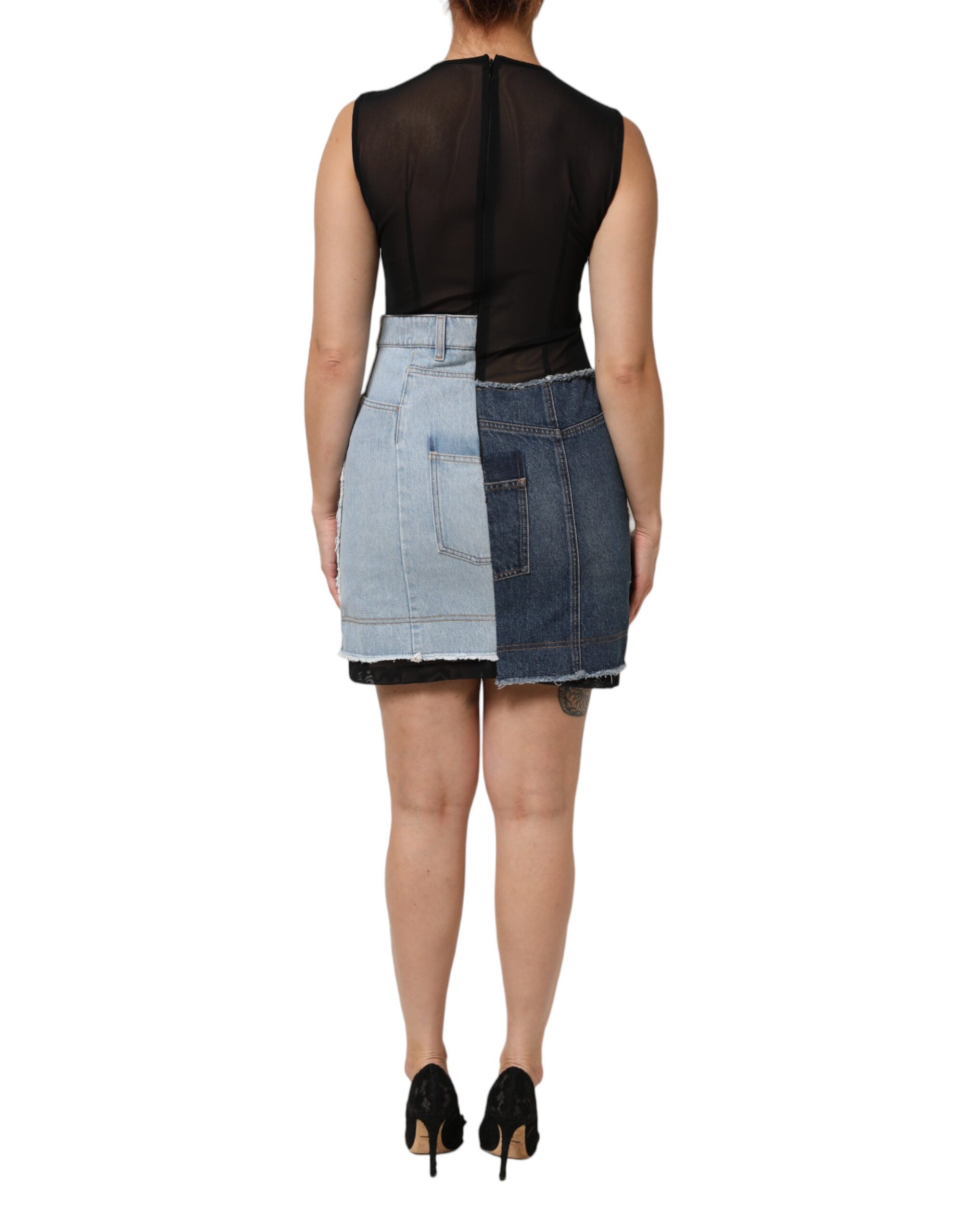 Dolce & Gabbana Blue Nylon Patchwork Denim Sheath Mini Dress - Image 5