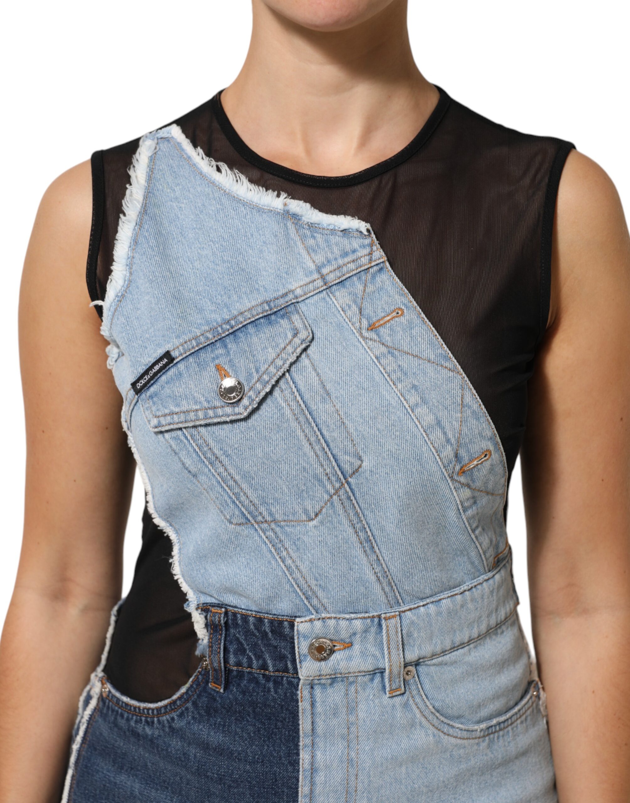 Dolce & Gabbana Blue Nylon Patchwork Denim Sheath Mini Dress - Image 6