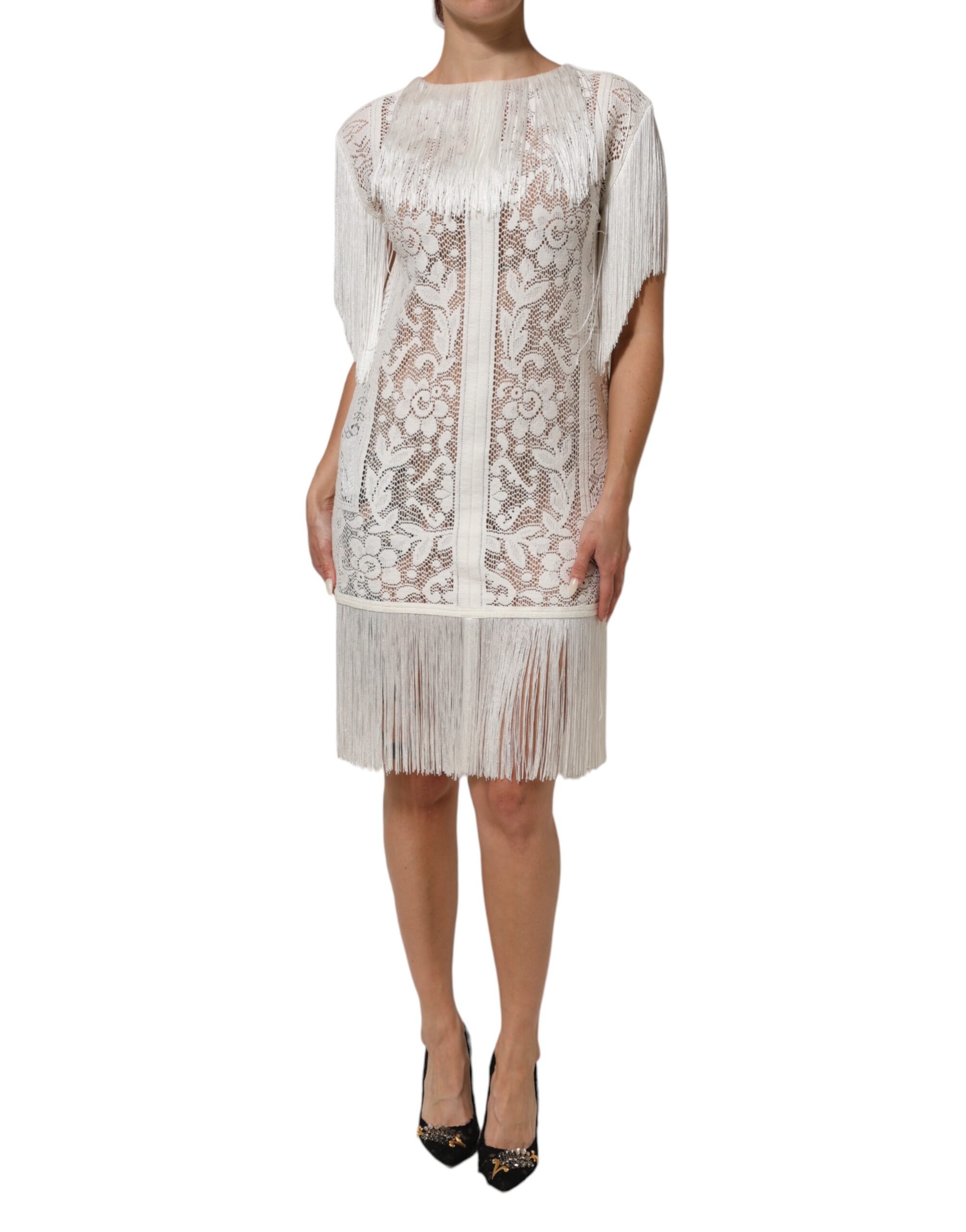 Dolce & Gabbana White Floral Lace Fringe Knee Length Dress - Image 2
