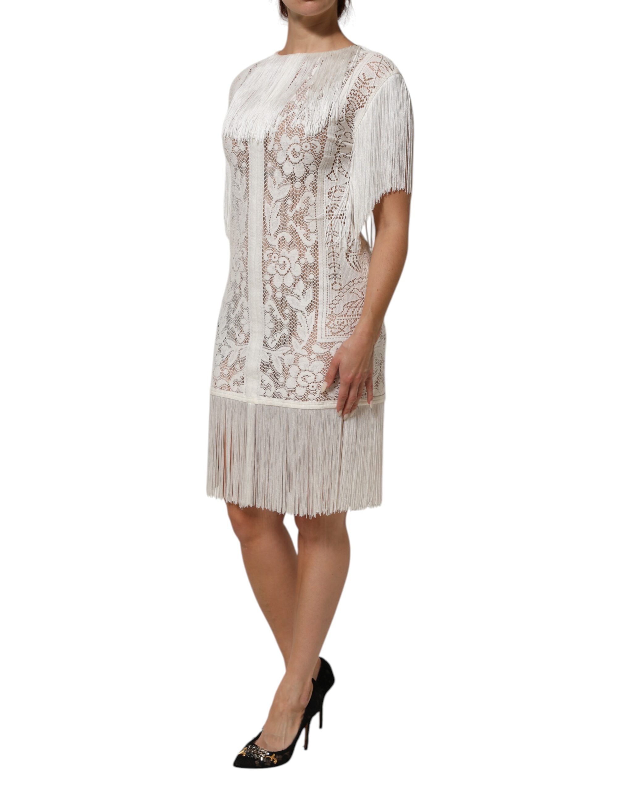 Dolce & Gabbana White Floral Lace Fringe Knee Length Dress - Image 3