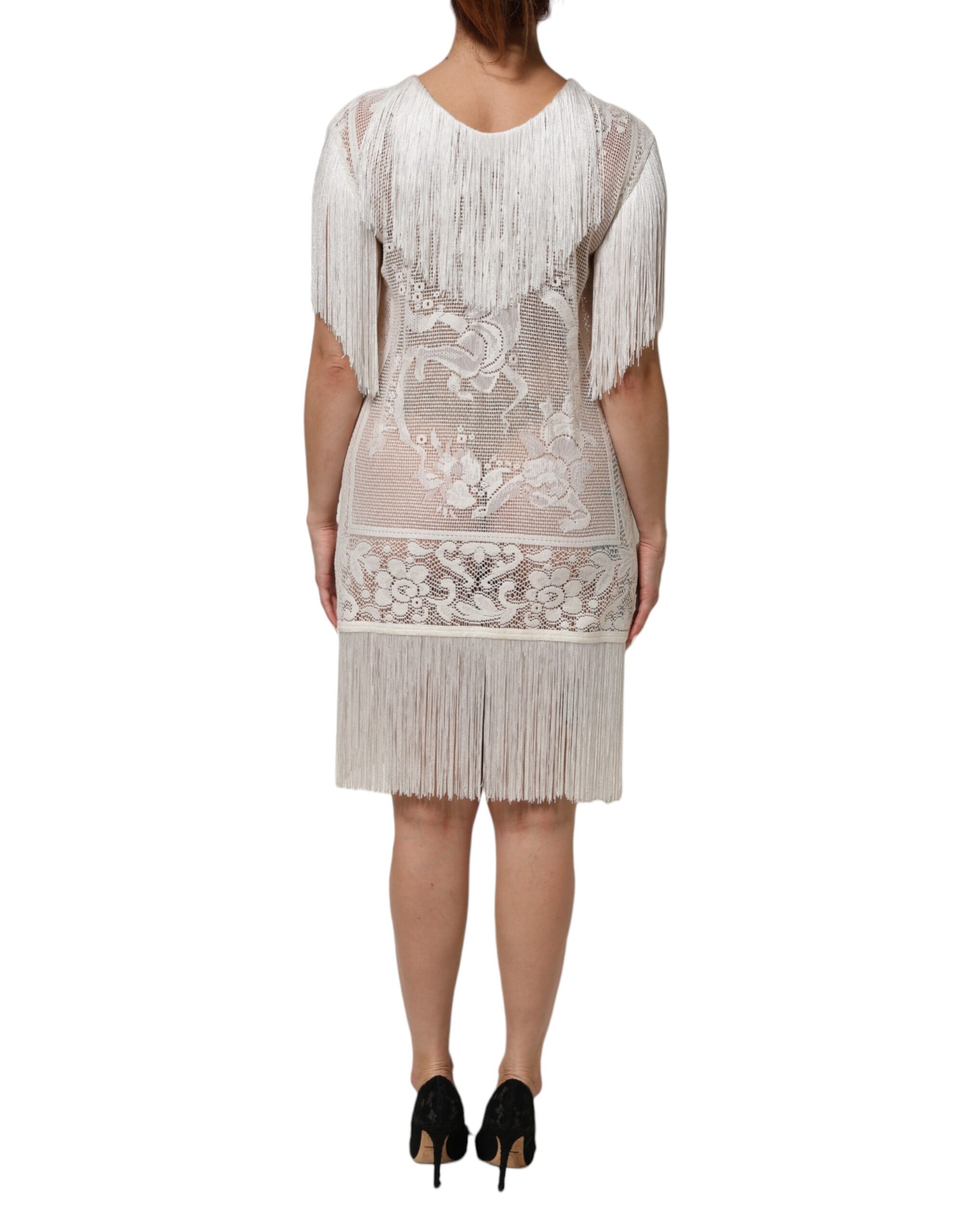 Dolce & Gabbana White Floral Lace Fringe Knee Length Dress - Image 4