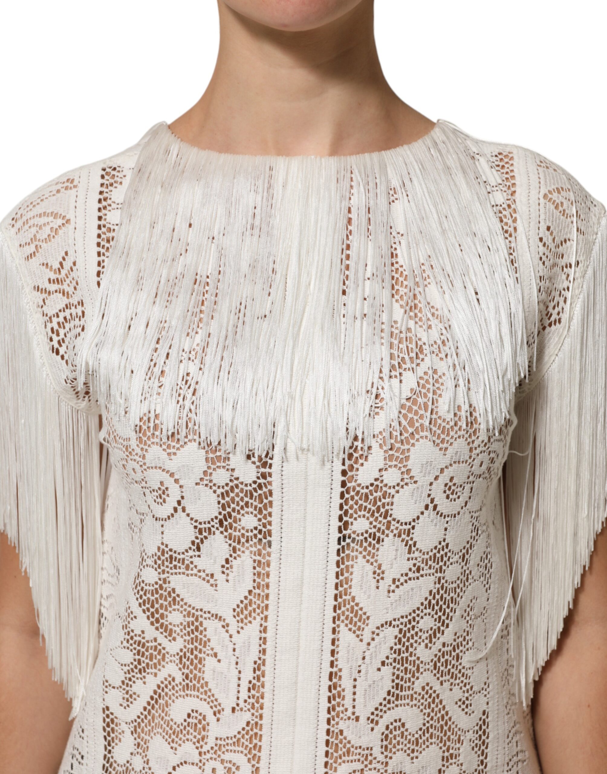 Dolce & Gabbana White Floral Lace Fringe Knee Length Dress - Image 5