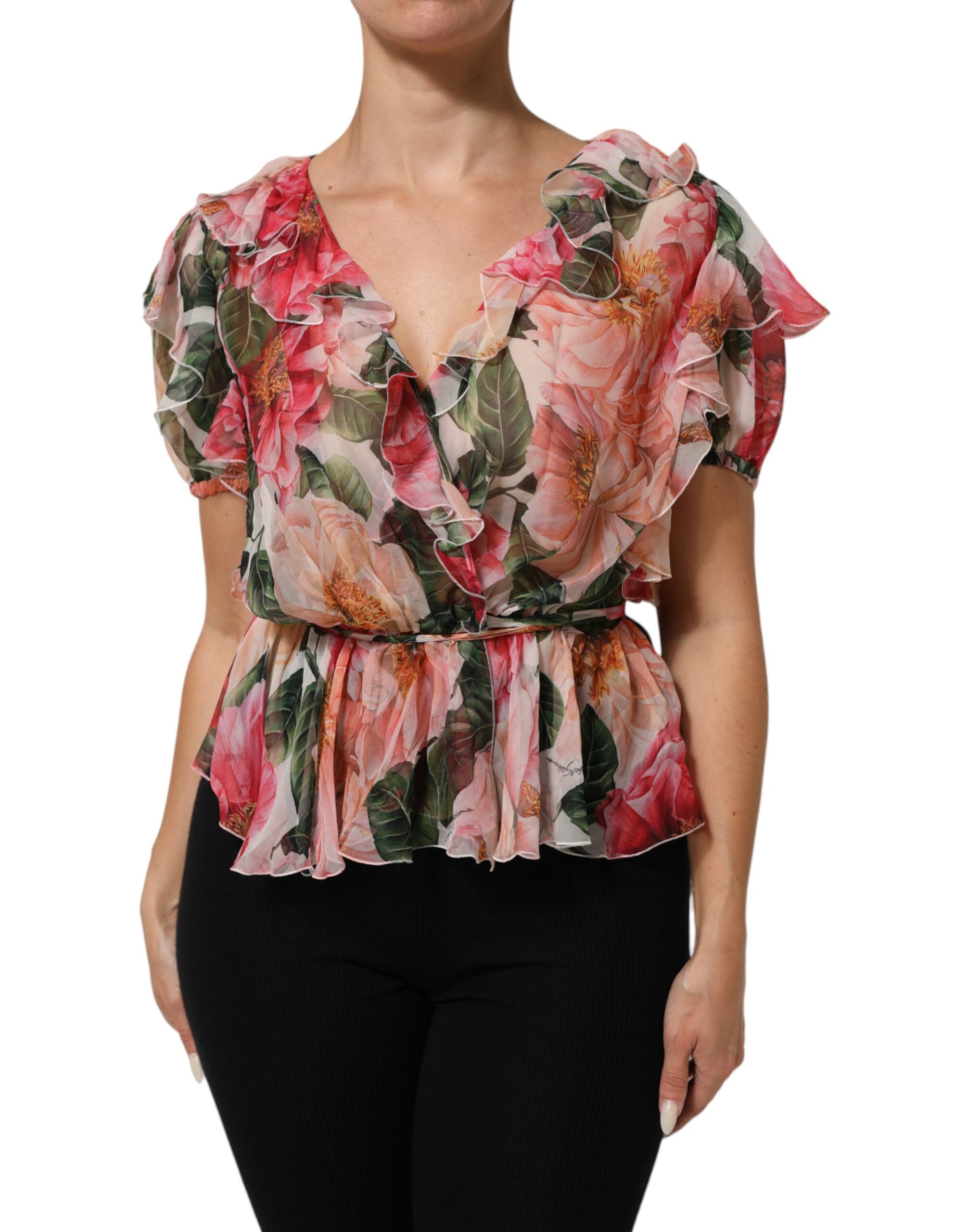 Dolce & Gabbana Pink Camellias Printed Silk V-neck Blouse Top - Image 2