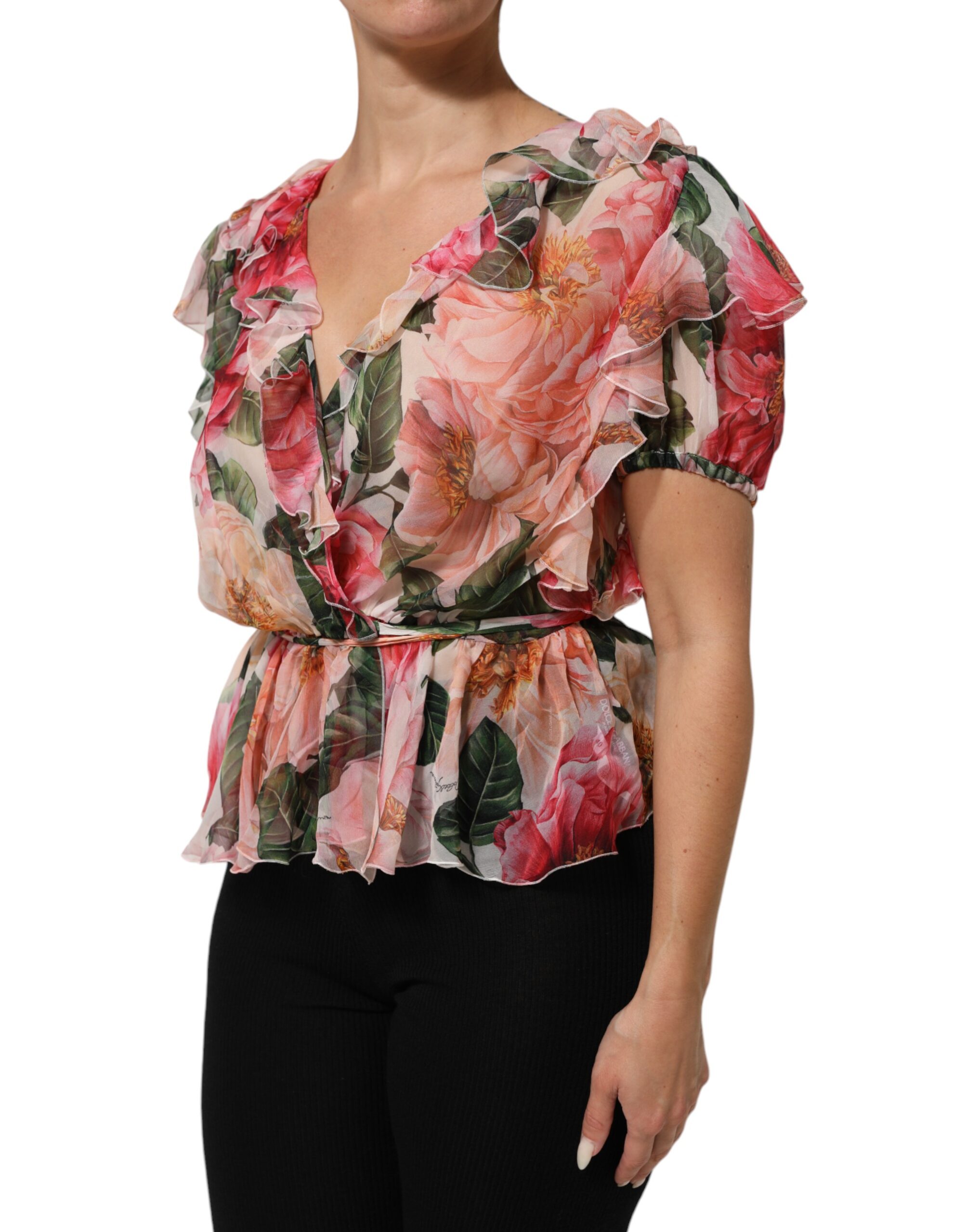 Dolce & Gabbana Pink Camellias Printed Silk V-neck Blouse Top - Image 3