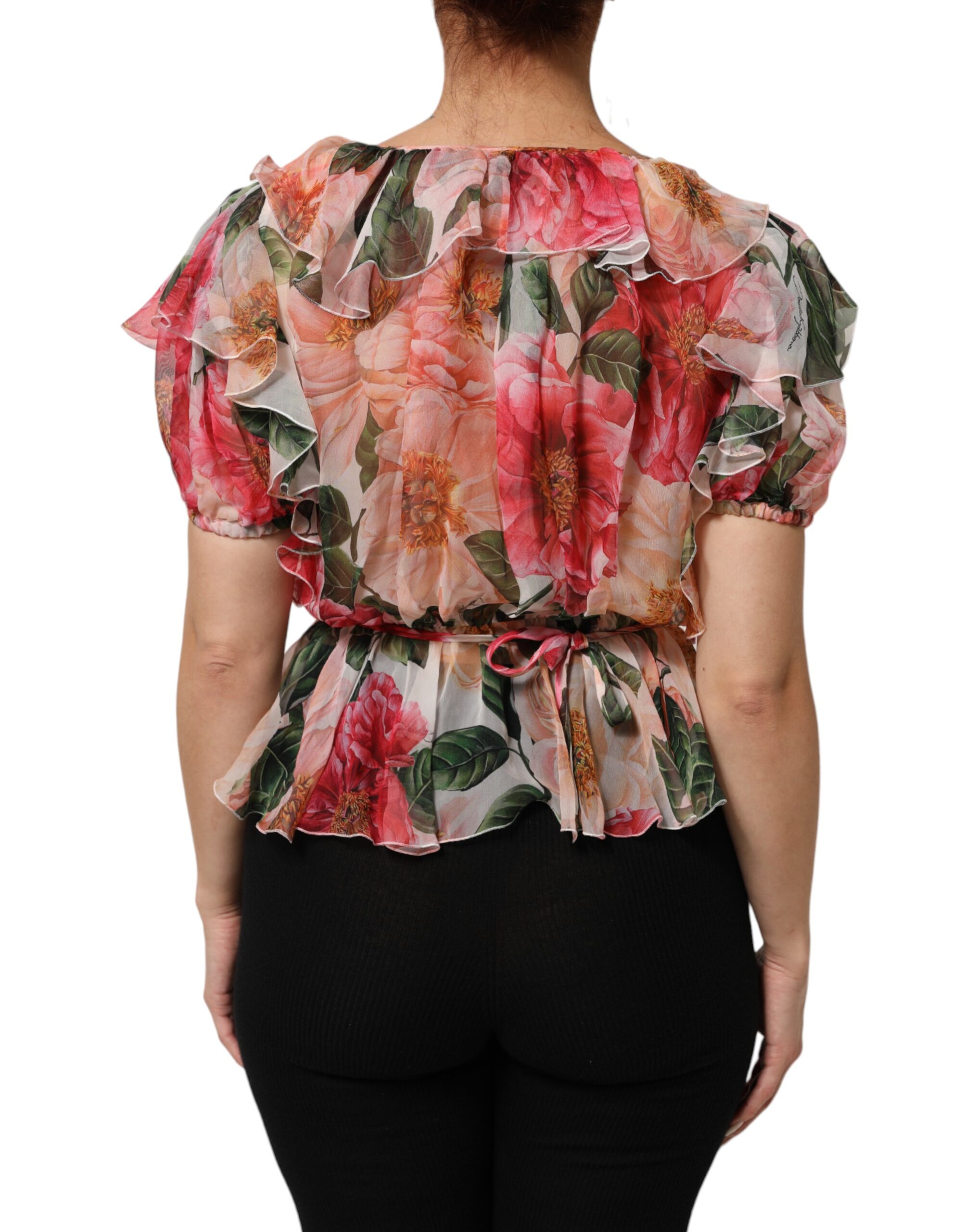 Dolce & Gabbana Pink Camellias Printed Silk V-neck Blouse Top - Image 4