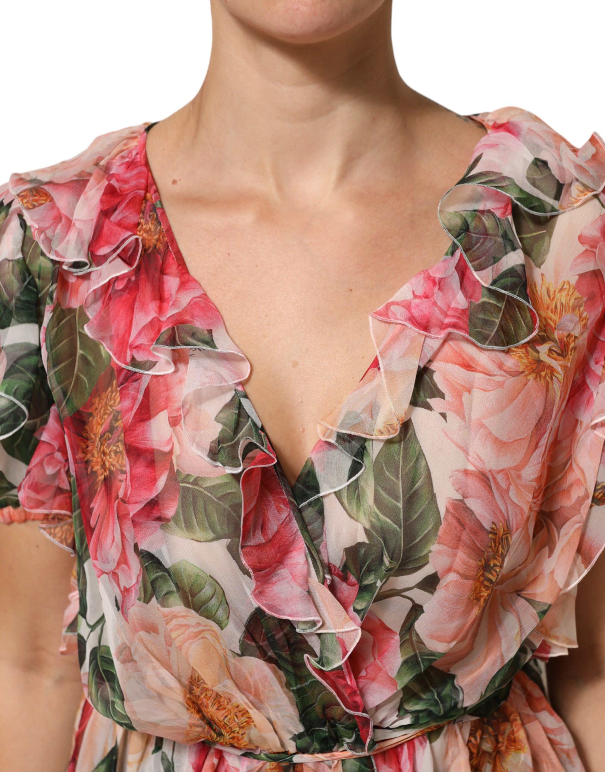 Dolce & Gabbana Pink Camellias Printed Silk V-neck Blouse Top - Image 5
