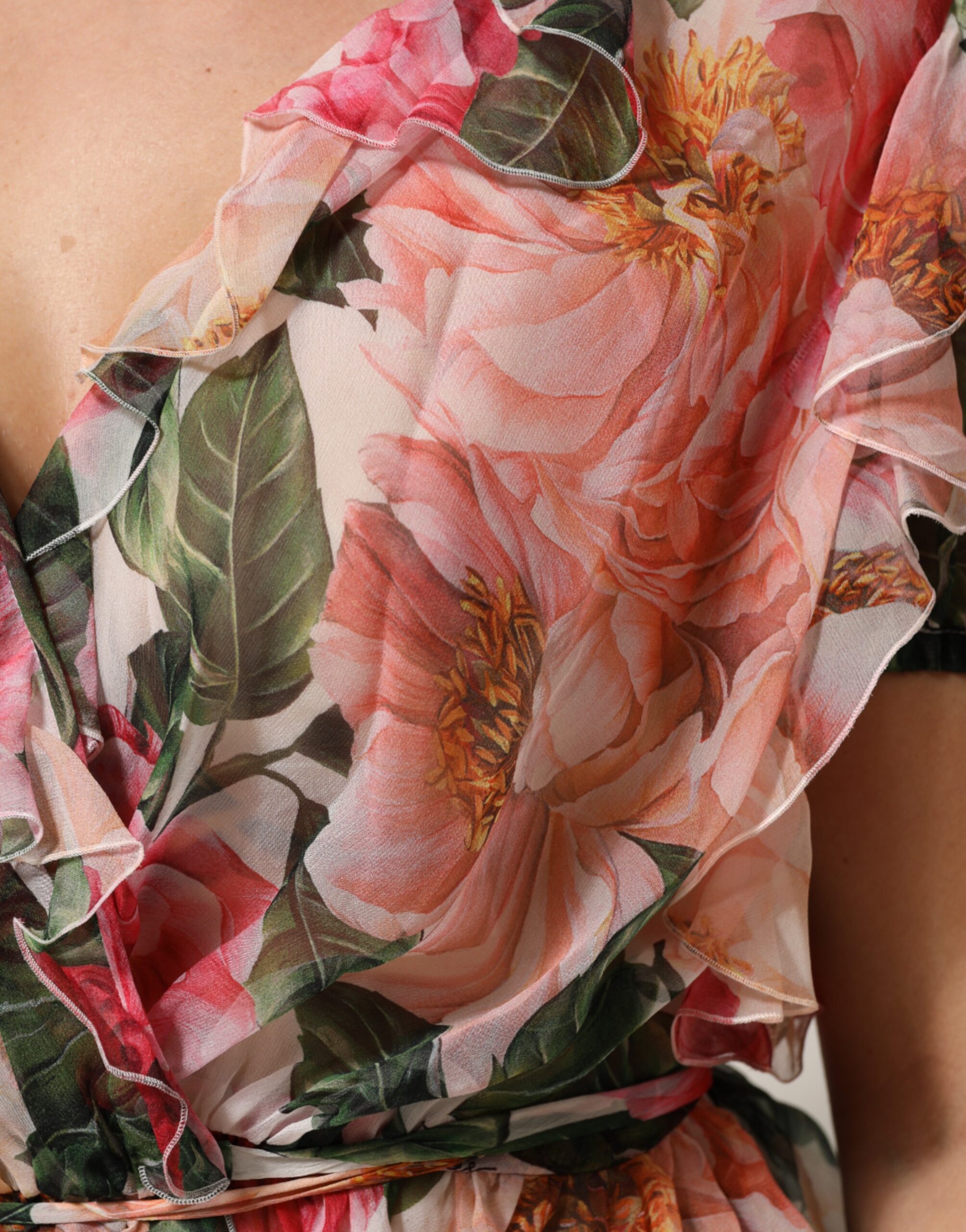 Dolce & Gabbana Pink Camellias Printed Silk V-neck Blouse Top - Image 6