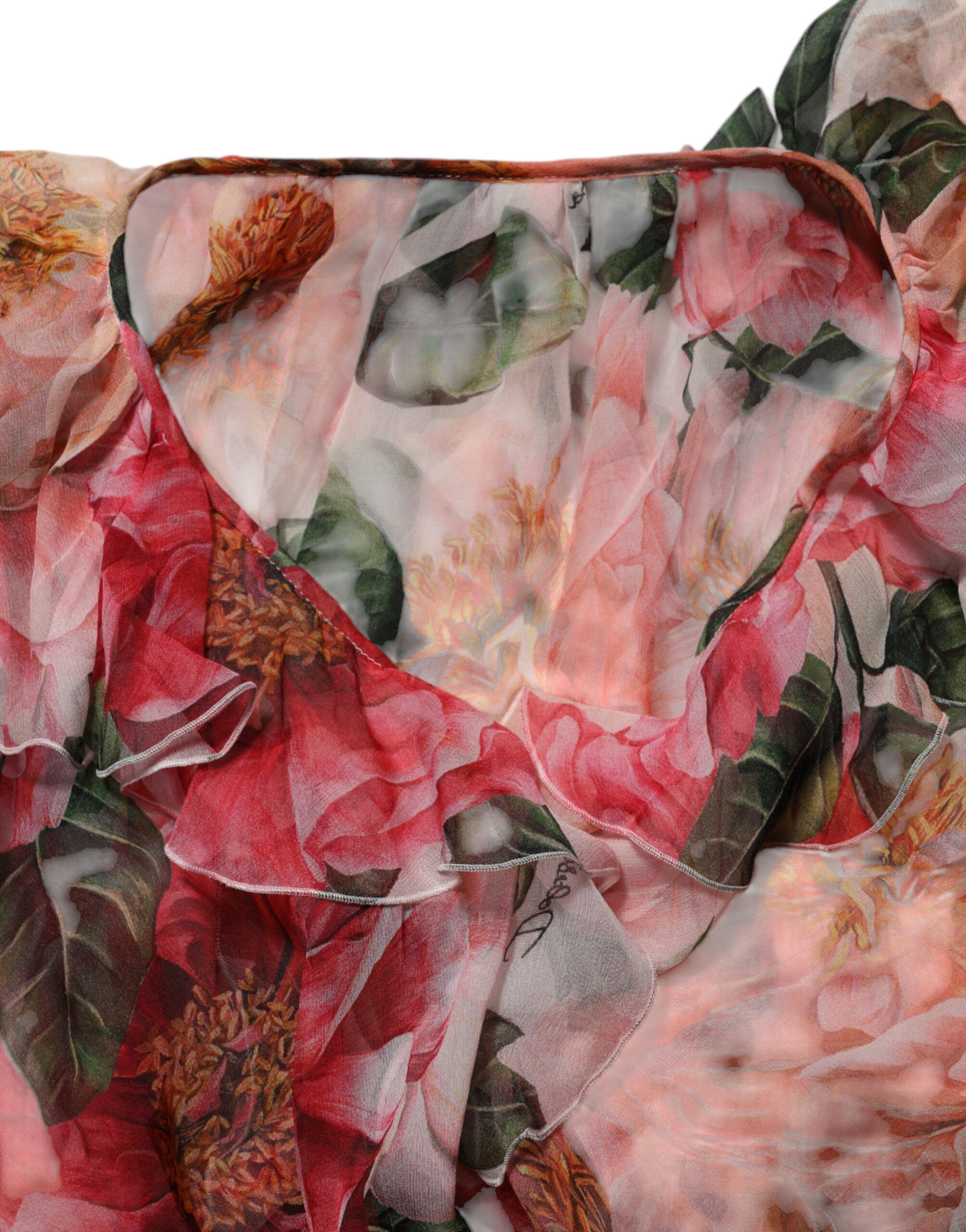 Dolce & Gabbana Pink Camellias Printed Silk V-neck Blouse Top - Image 7