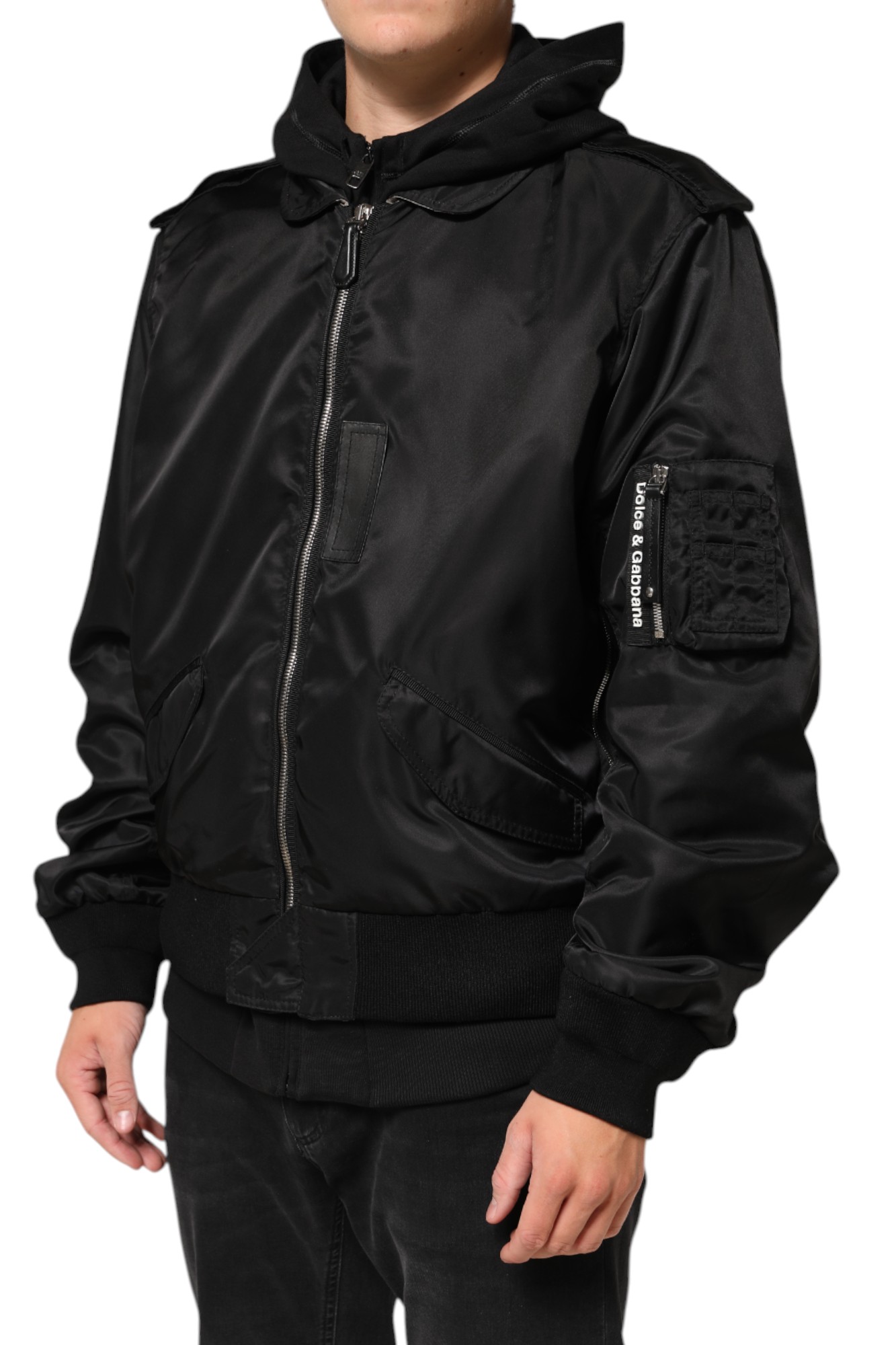 Dolce & Gabbana Black Cotton Hooded Full Zip Bomber Jacket - Image 3