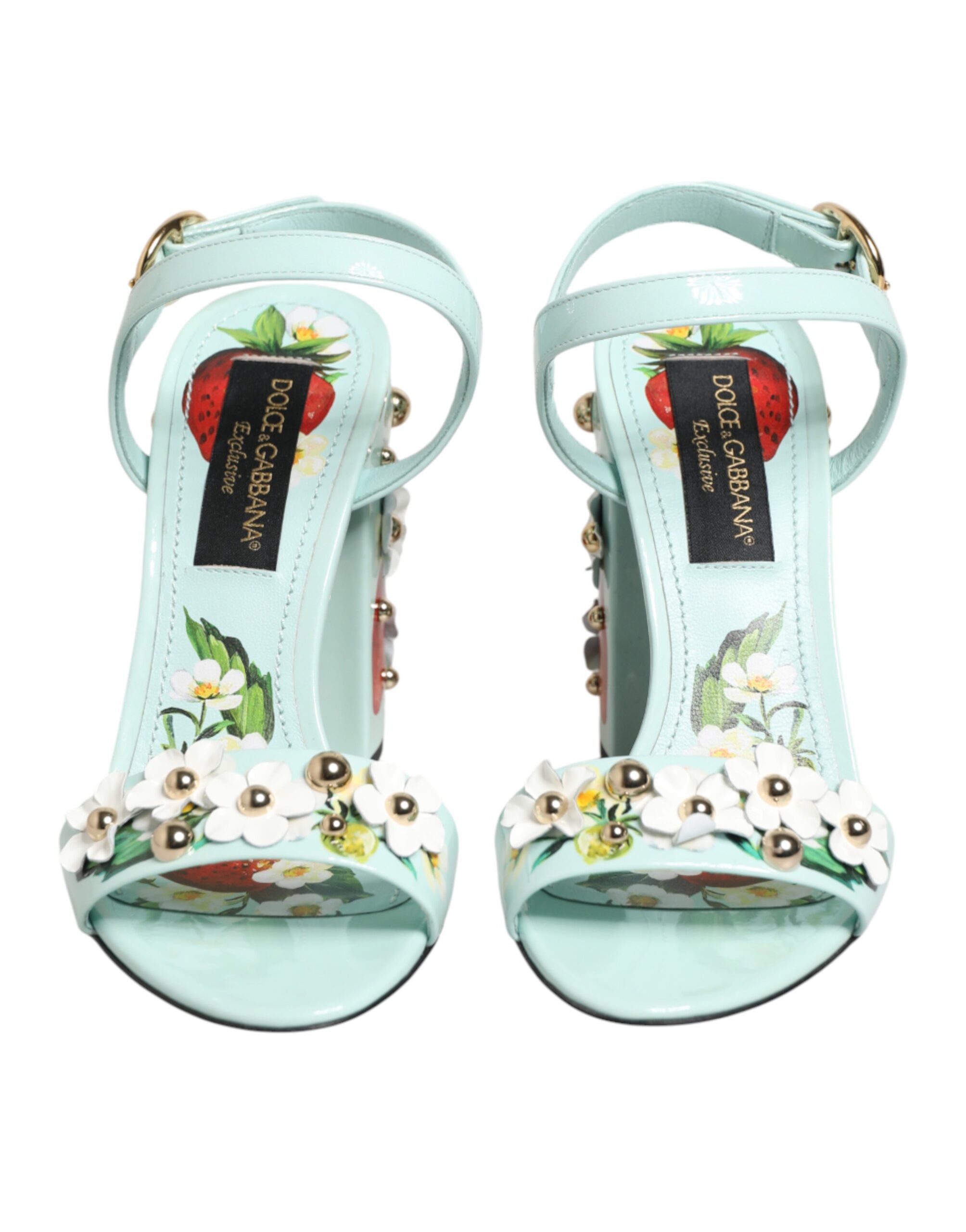 Dolce & Gabbana Mint Green Floral Studs Heels Sandals Shoes - Image 3