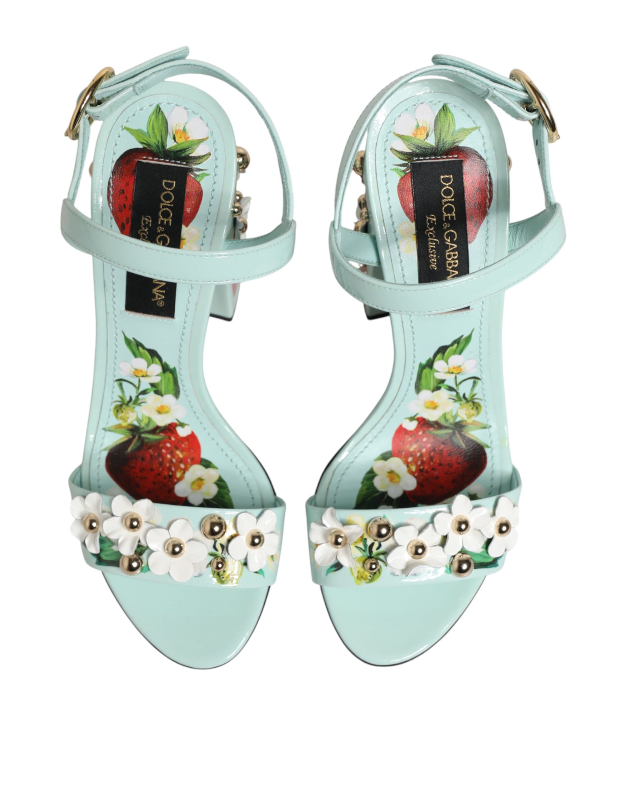 Dolce & Gabbana Mint Green Floral Studs Heels Sandals Shoes - Image 4