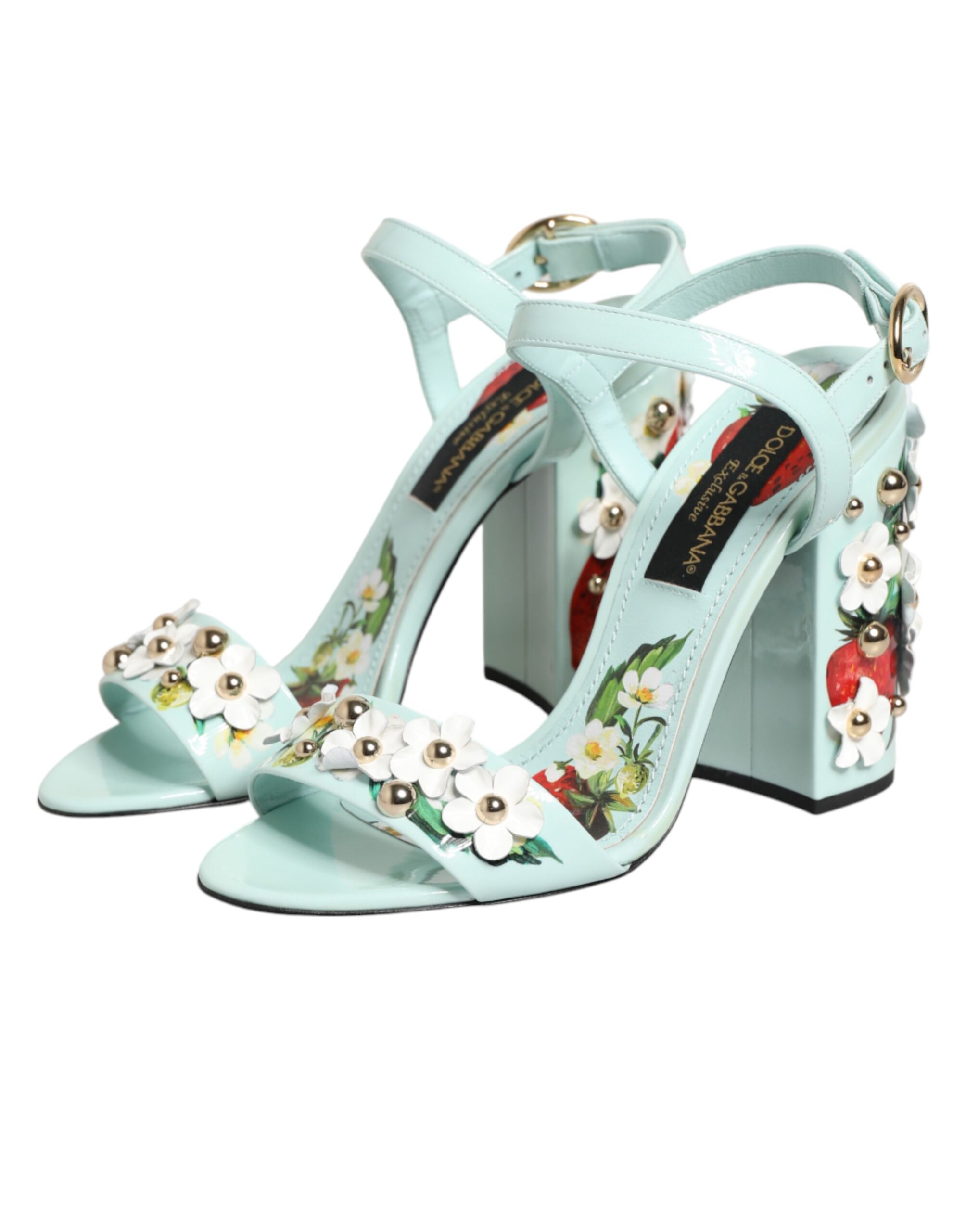 Dolce & Gabbana Mint Green Floral Studs Heels Sandals Shoes - Image 5