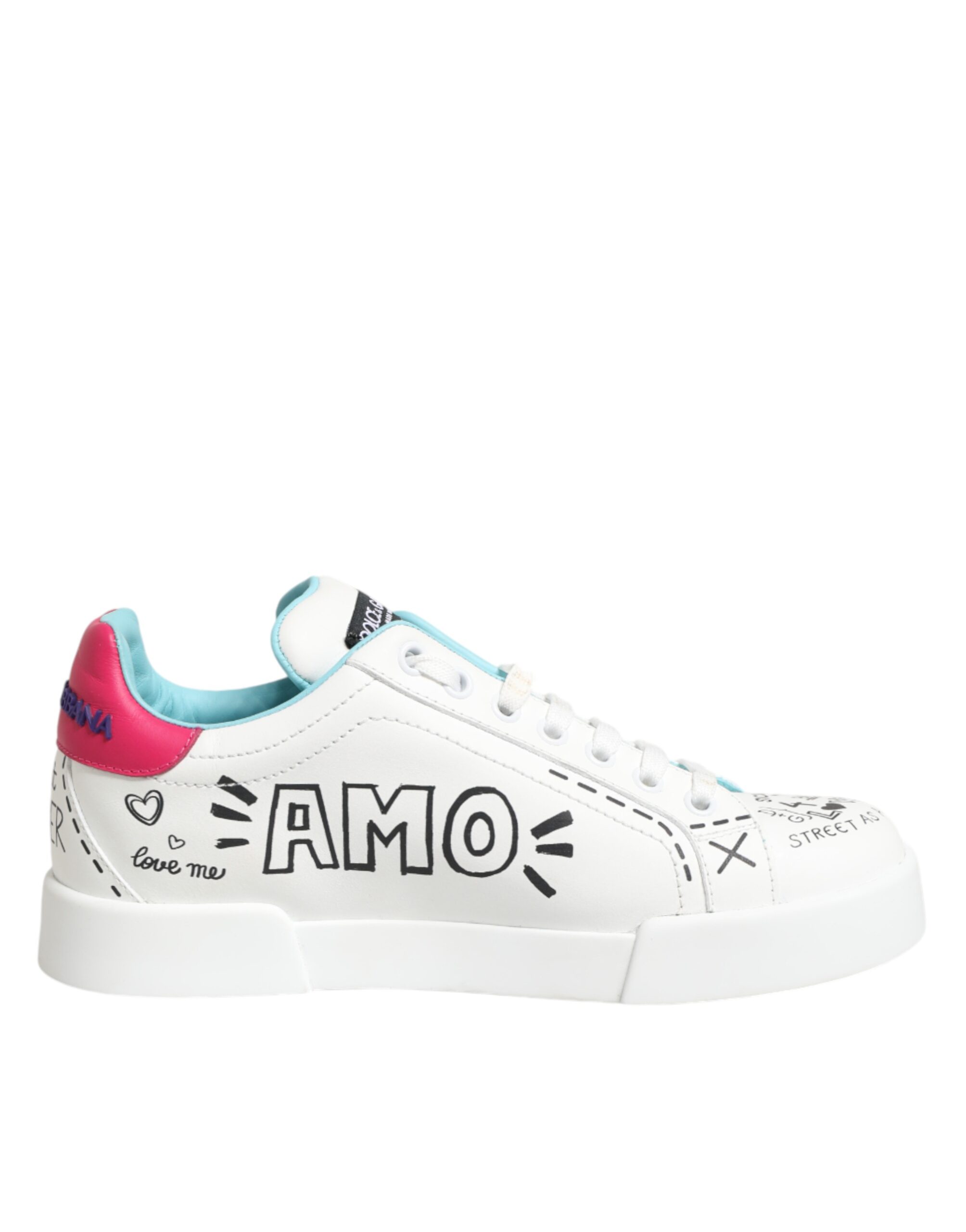 Dolce & Gabbana White Leather Graffiti Low Top Sneakers Shoes - Image 2