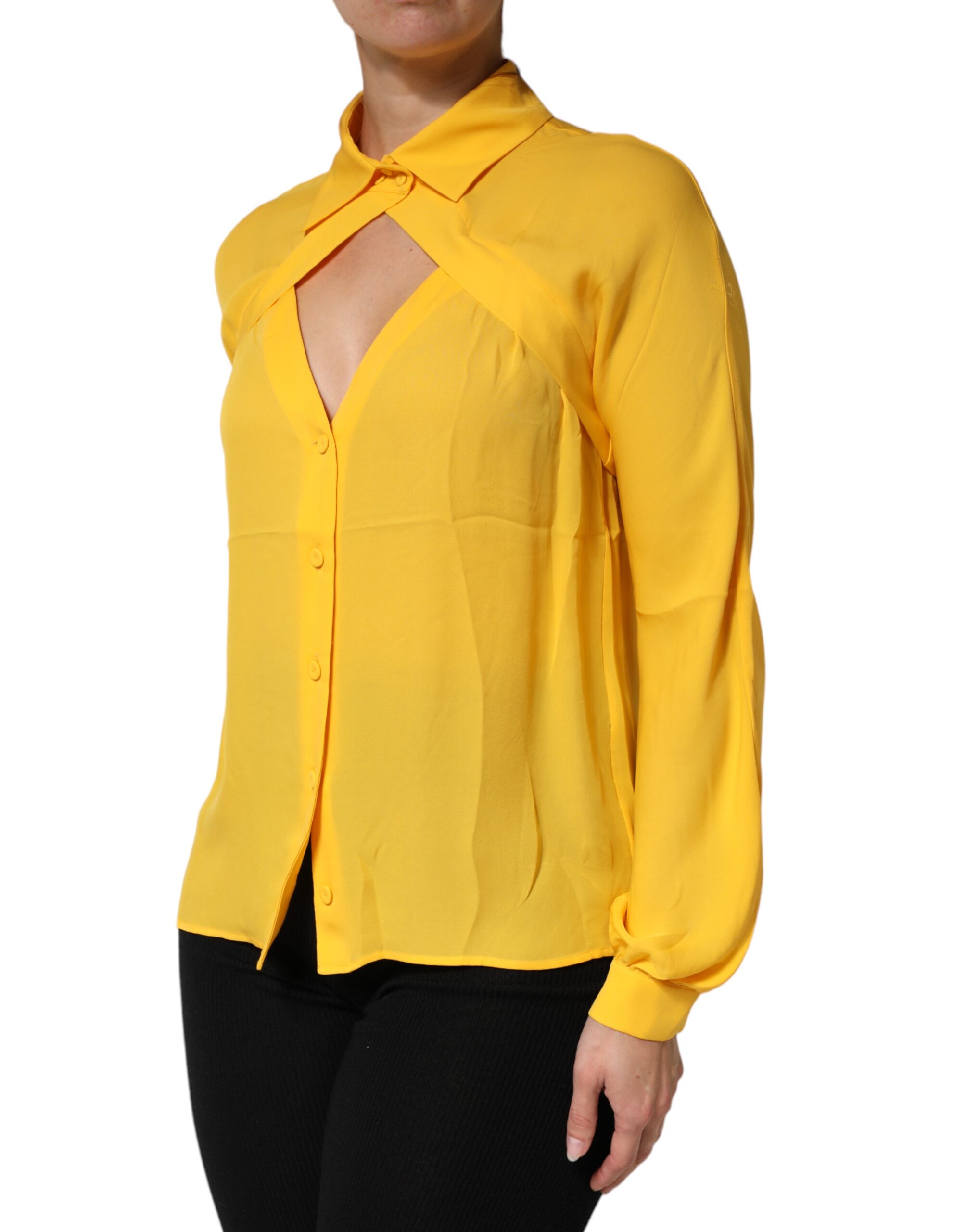Moschino Couture Yellow Silk Collared Long Sleeves Top - Image 3