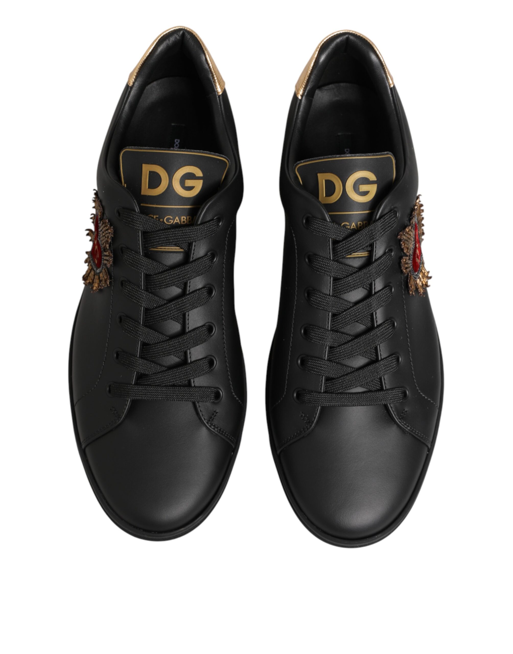 Dolce & Gabbana Black Leather Heart Embellished Sneakers Shoes - Image 4