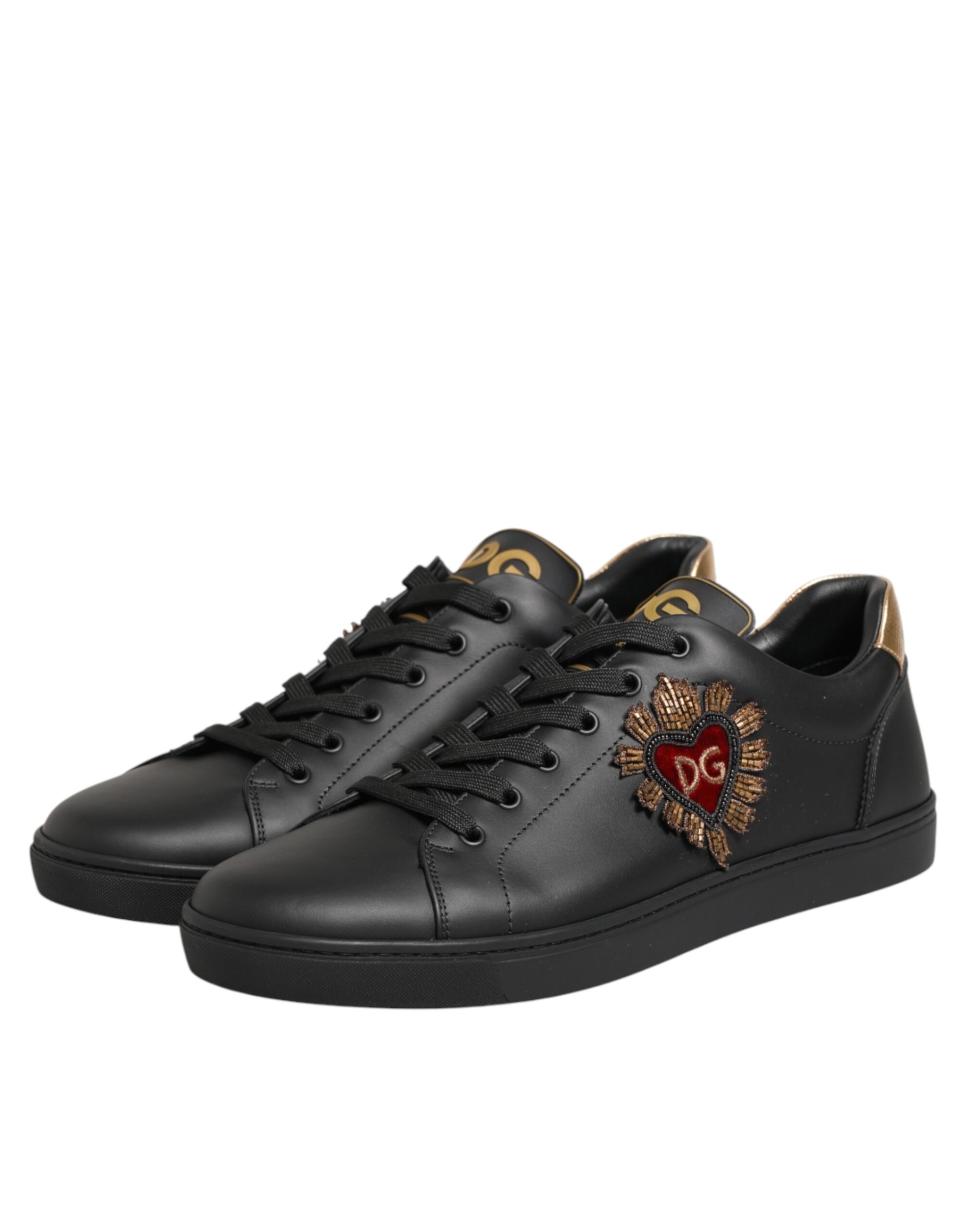 Dolce & Gabbana Black Leather Heart Embellished Sneakers Shoes - Image 5