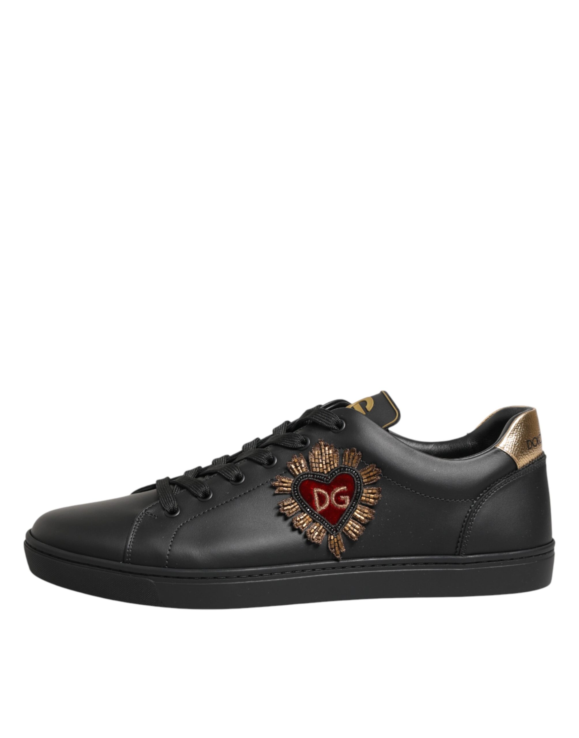 Dolce & Gabbana Black Leather Heart Embellished Sneakers Shoes - Image 2