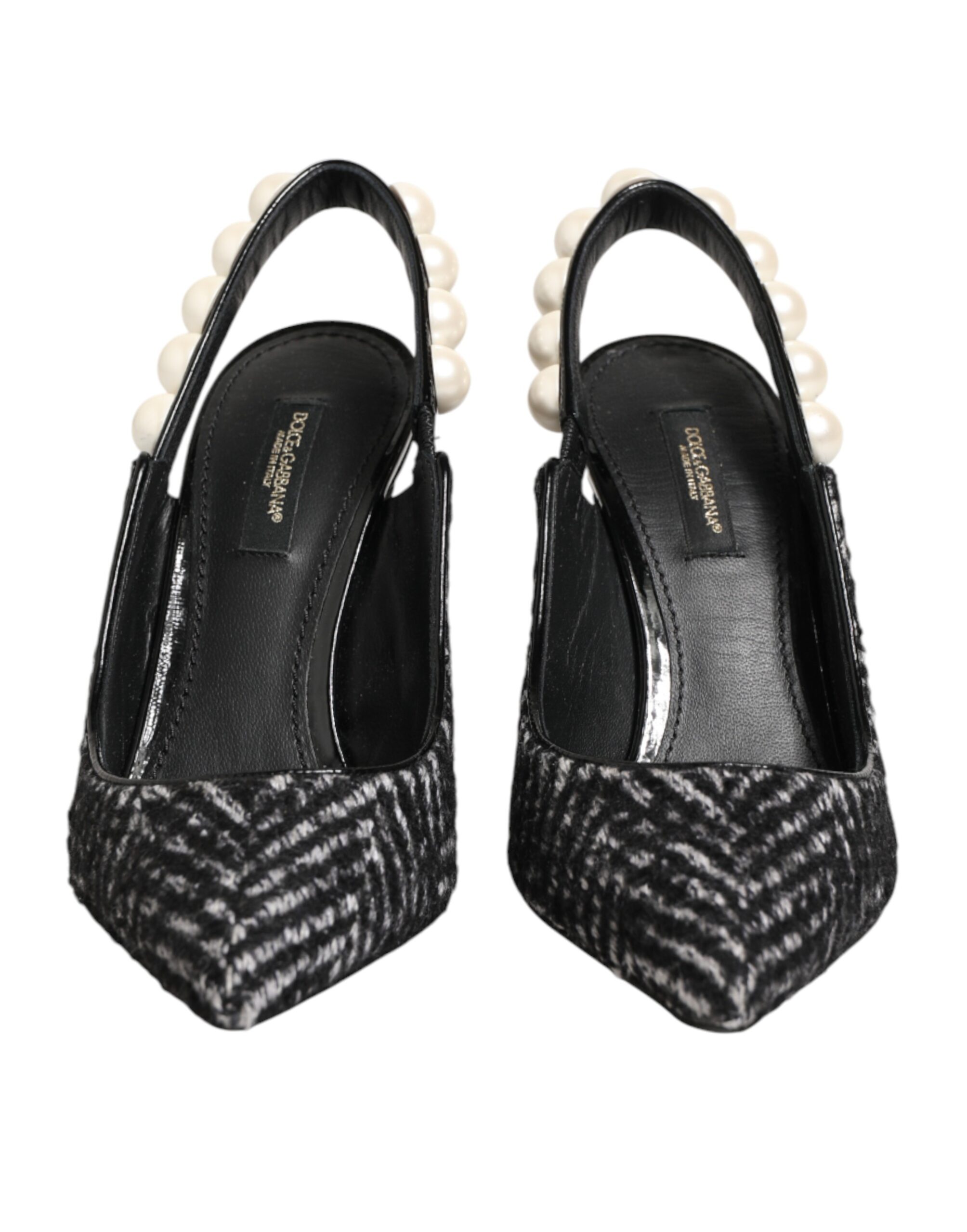 Dolce & Gabbana White Black Chevron Faux Pearl Slingbacks Shoes - Image 3