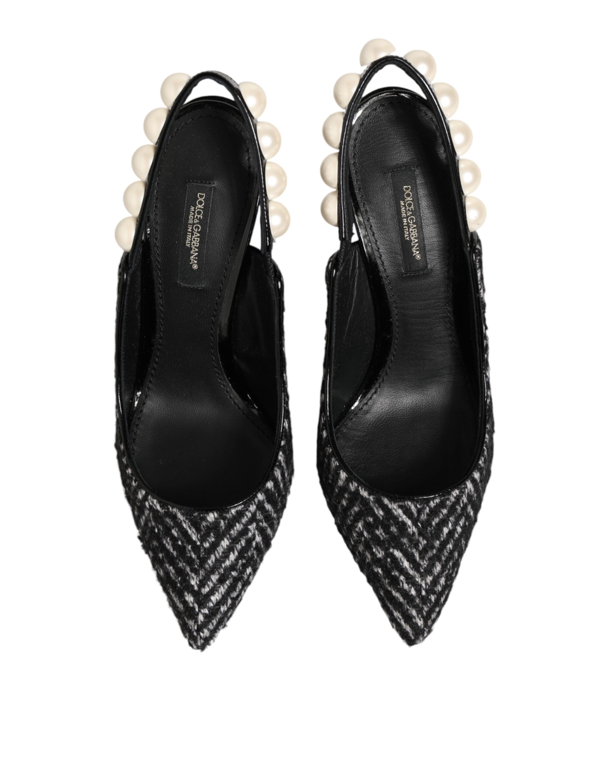 Dolce & Gabbana White Black Chevron Faux Pearl Slingbacks Shoes - Image 4