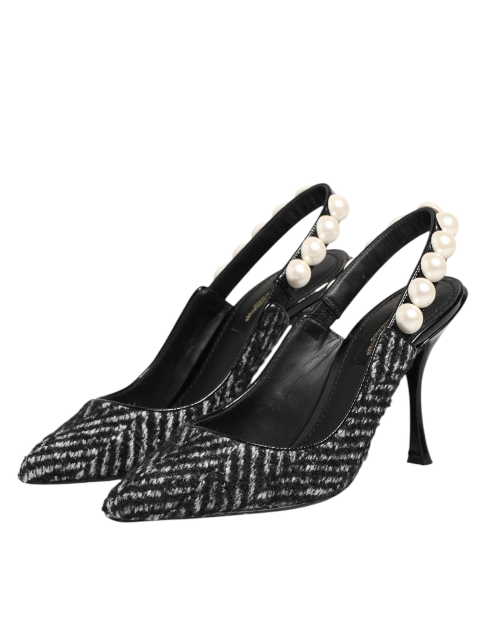 Dolce & Gabbana White Black Chevron Faux Pearl Slingbacks Shoes - Image 5