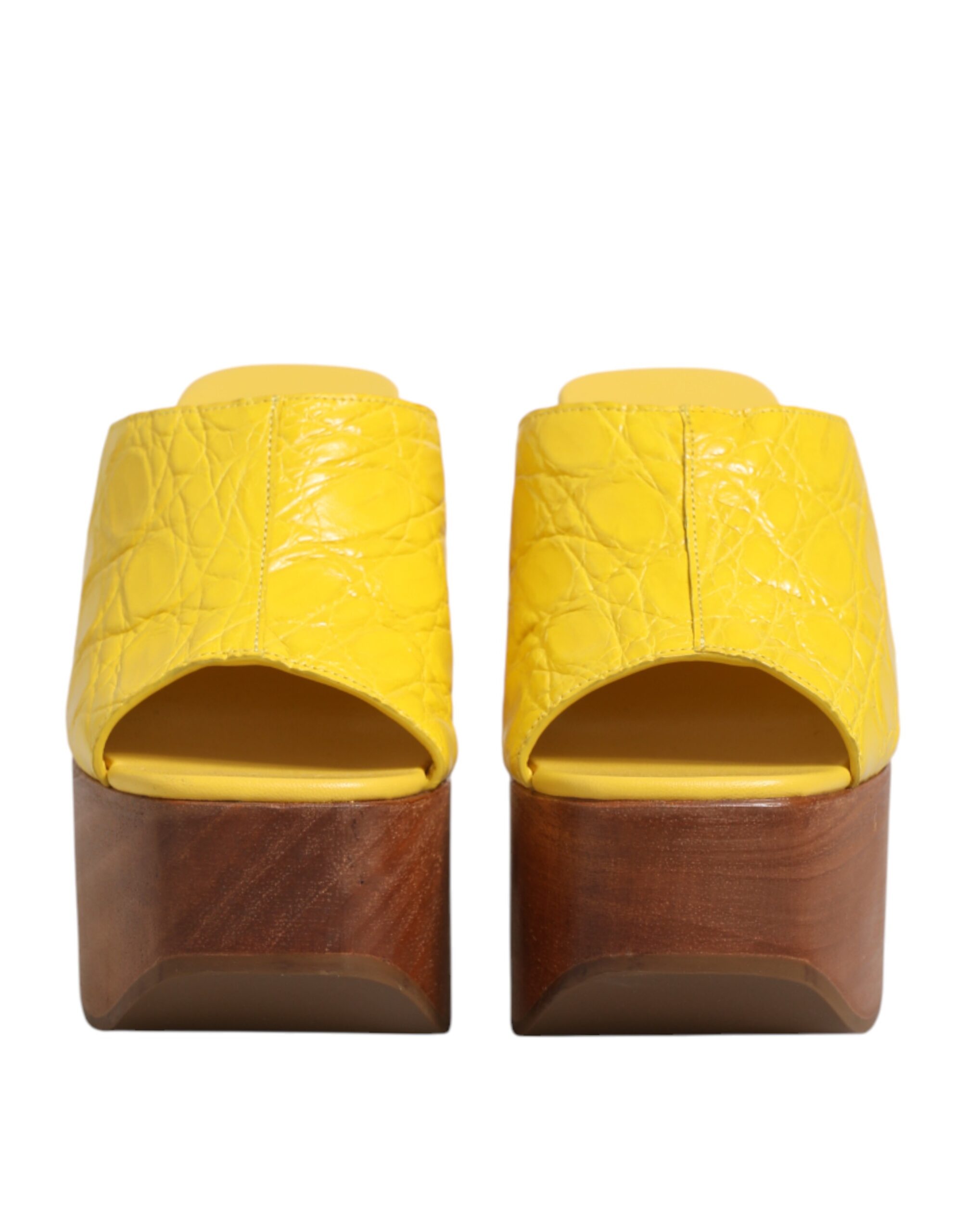 Dolce & Gabbana Yellow Leather Wood Mule Wedge Slides Shoes - Image 3