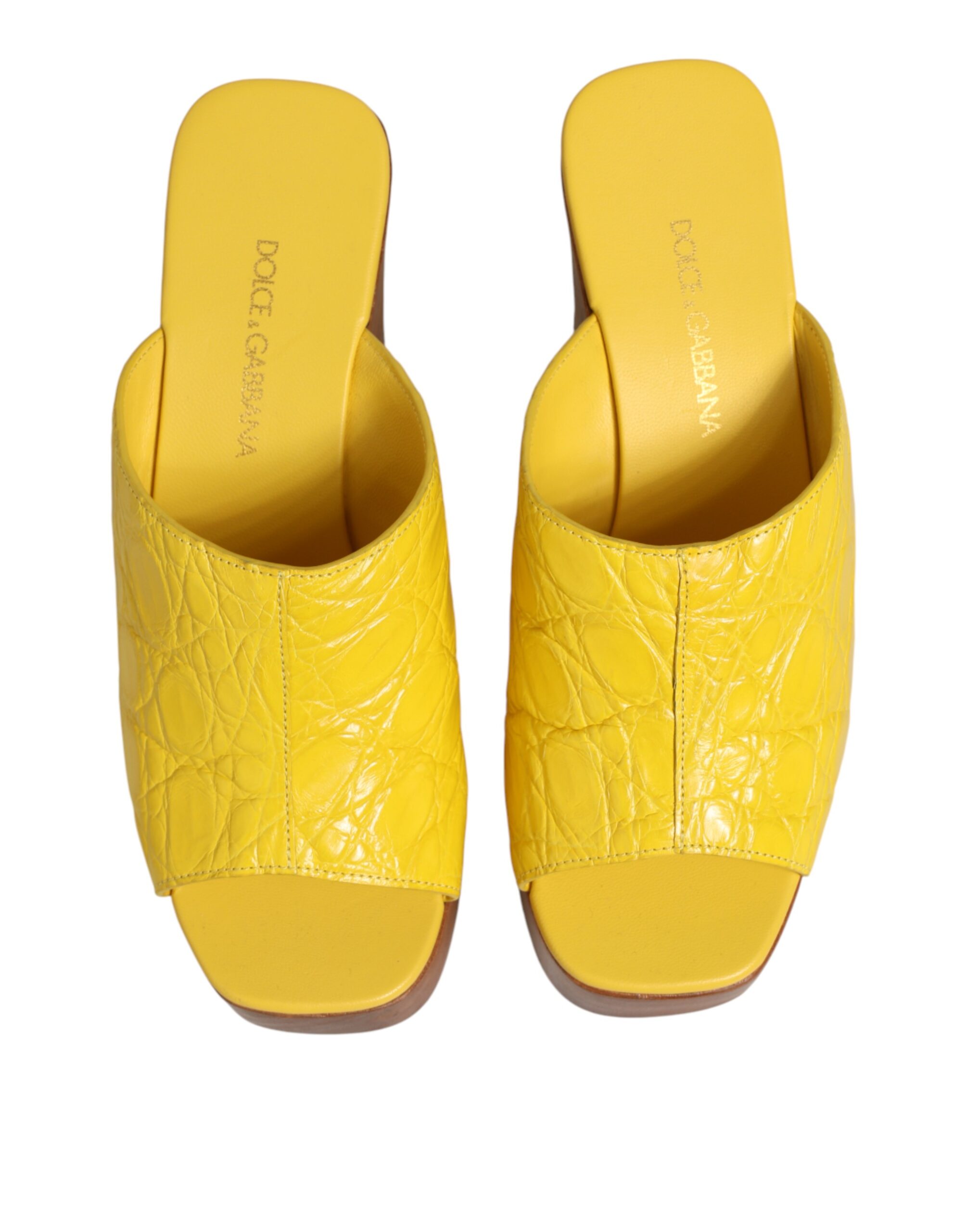 Dolce & Gabbana Yellow Leather Wood Mule Wedge Slides Shoes - Image 4