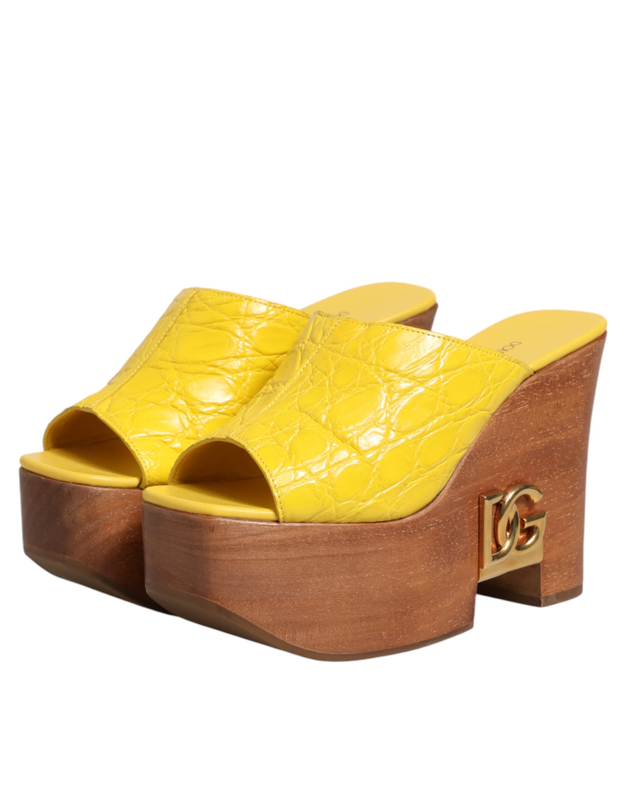 Dolce & Gabbana Yellow Leather Wood Mule Wedge Slides Shoes - Image 5
