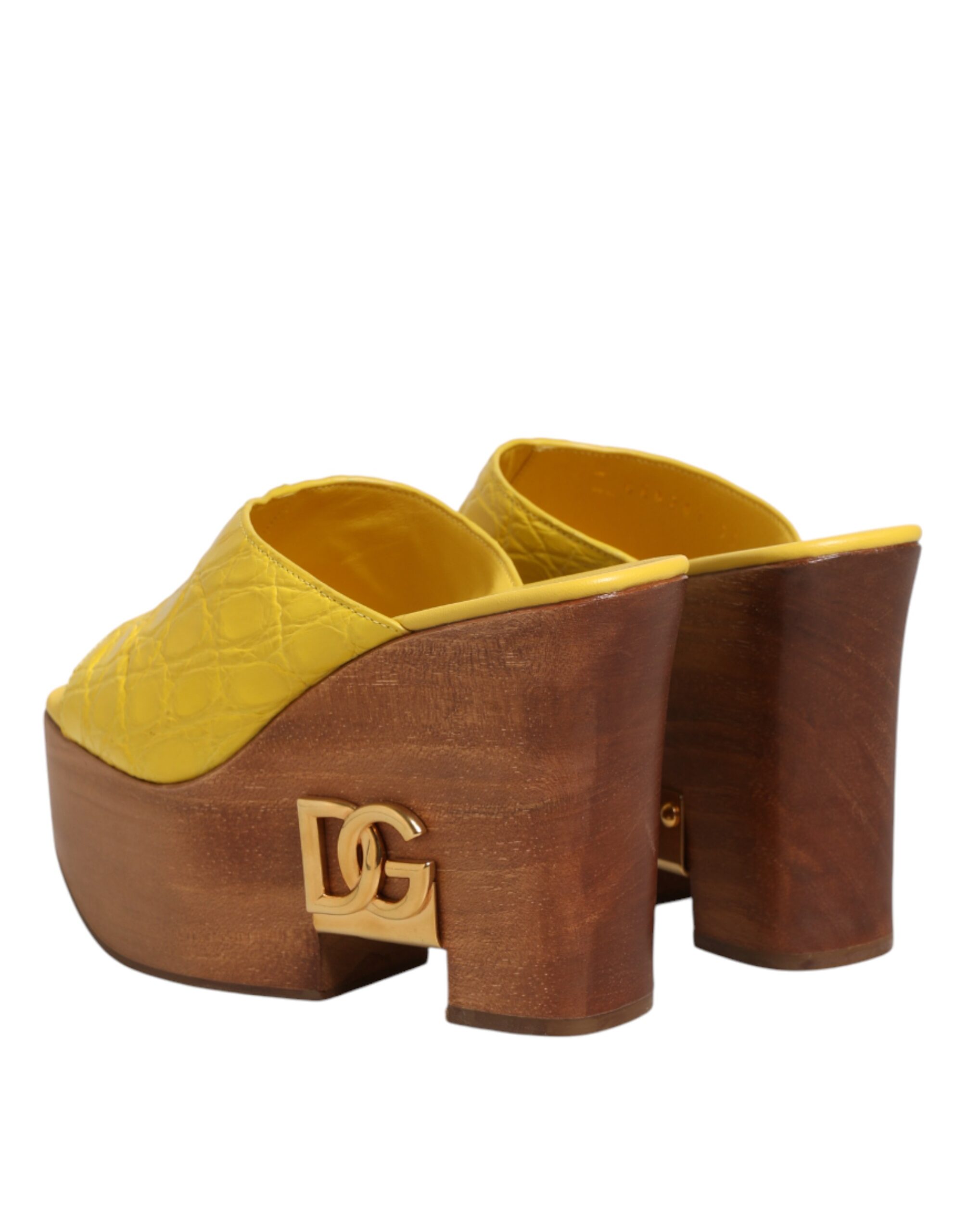 Dolce & Gabbana Yellow Leather Wood Mule Wedge Slides Shoes - Image 6