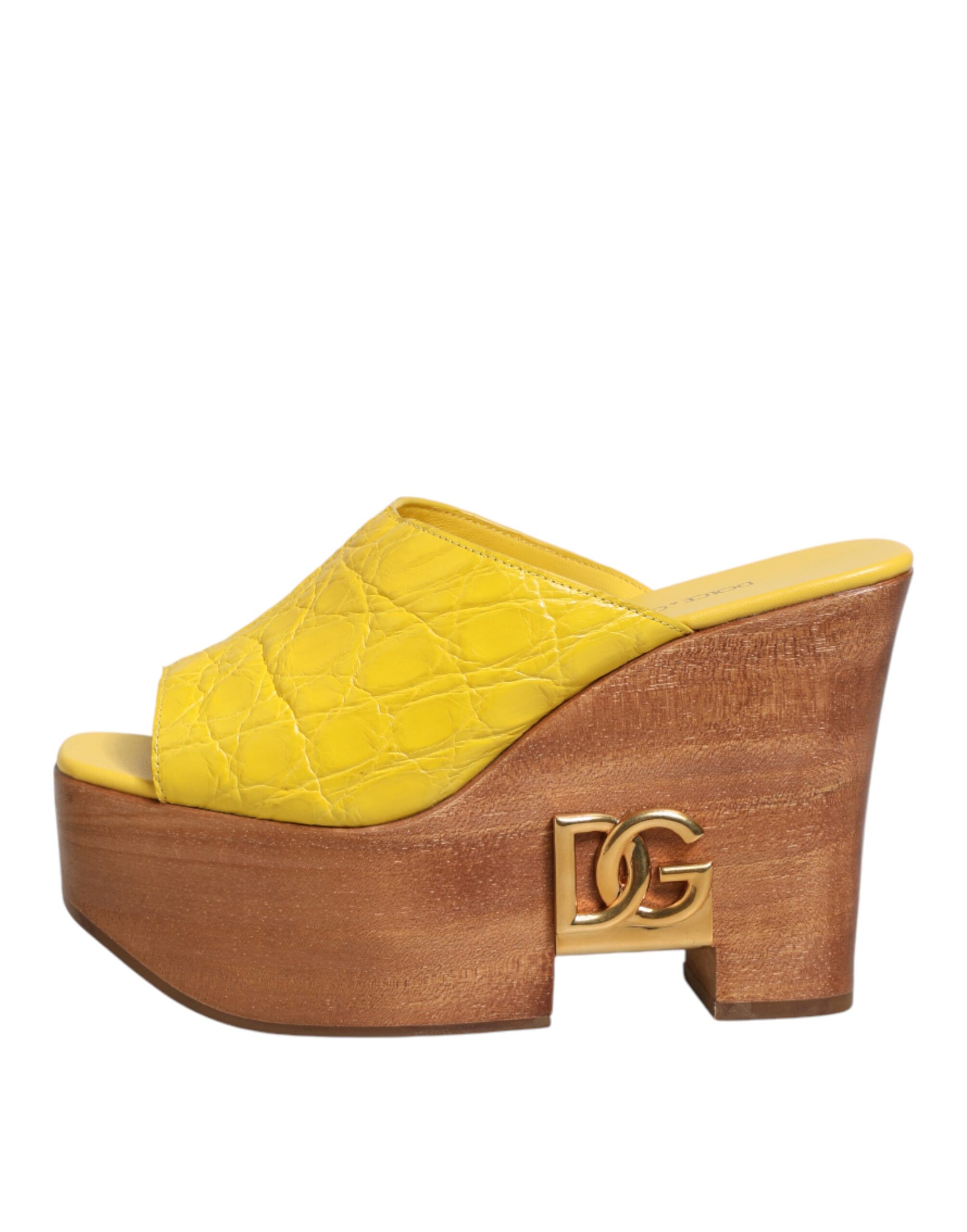 Dolce & Gabbana Yellow Leather Wood Mule Wedge Slides Shoes - Image 7