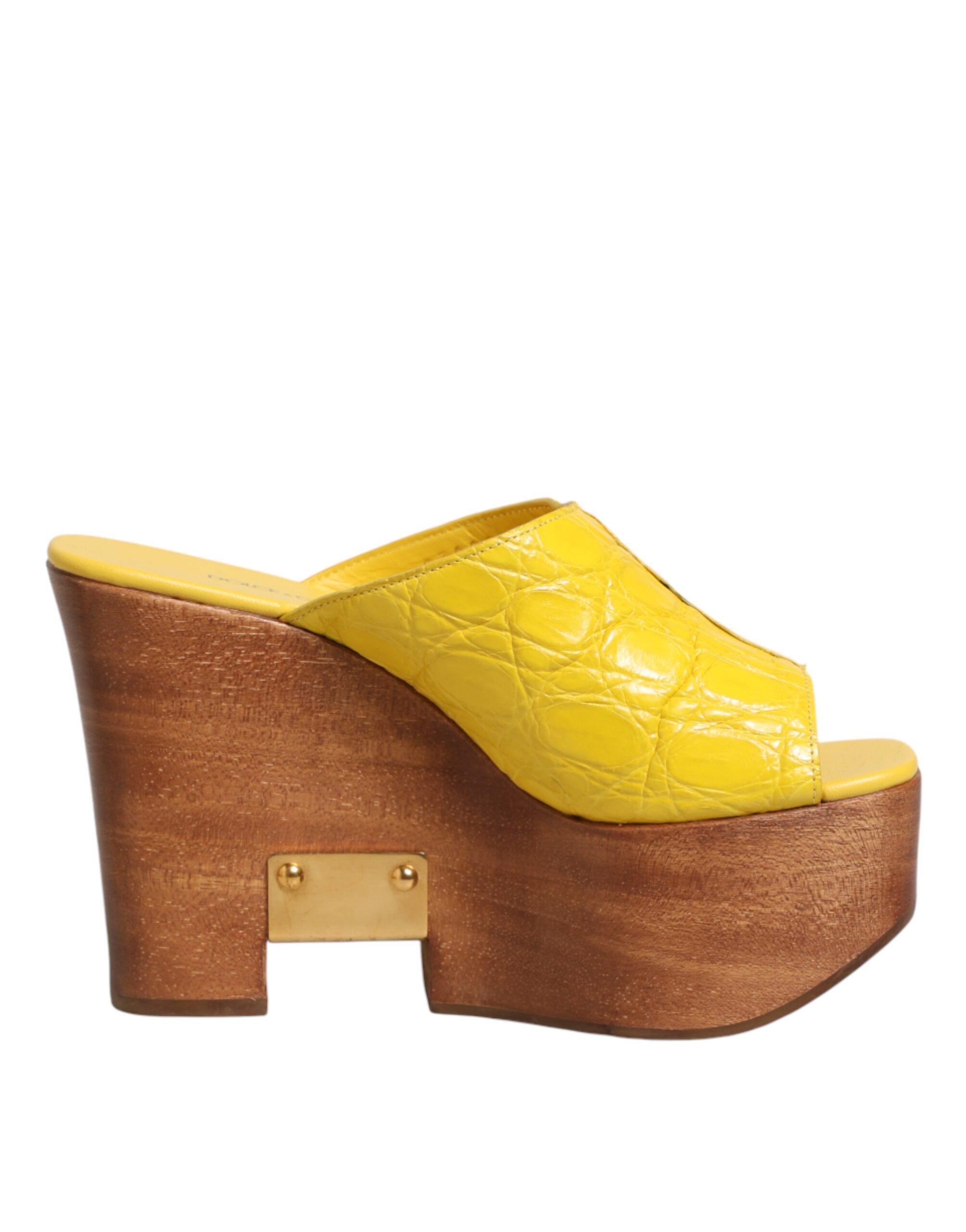 Dolce & Gabbana Yellow Leather Wood Mule Wedge Slides Shoes - Image 2