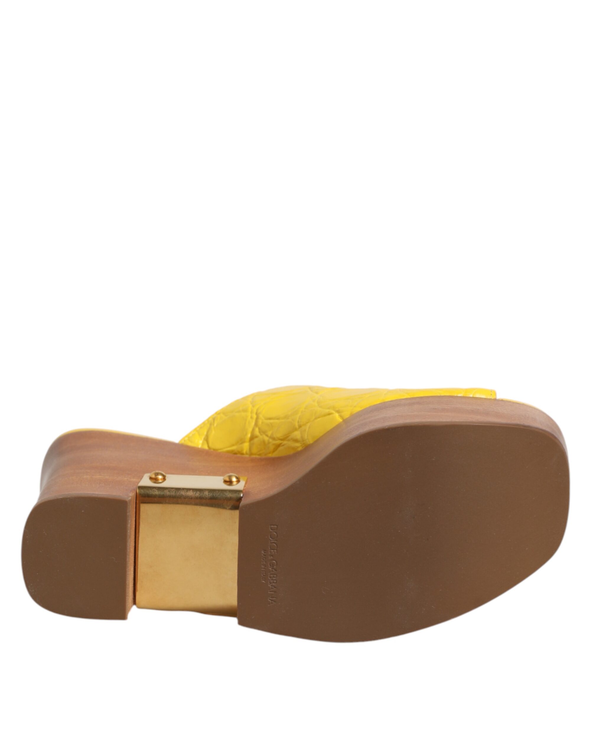 Dolce & Gabbana Yellow Leather Wood Mule Wedge Slides Shoes - Image 8