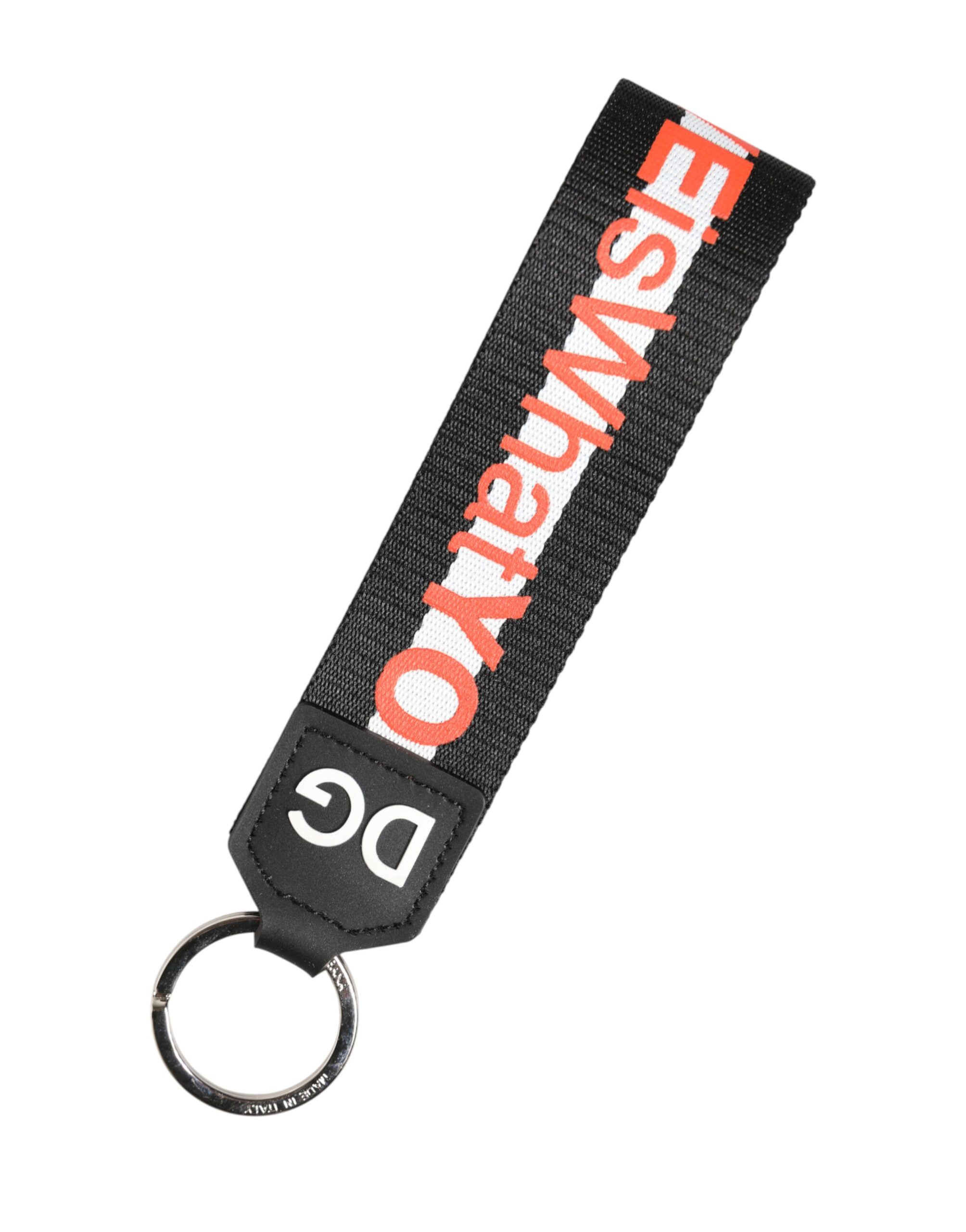 Dolce & Gabbana Black Logo Polyester Silver Brass Holder Keychain Keyring - Image 4