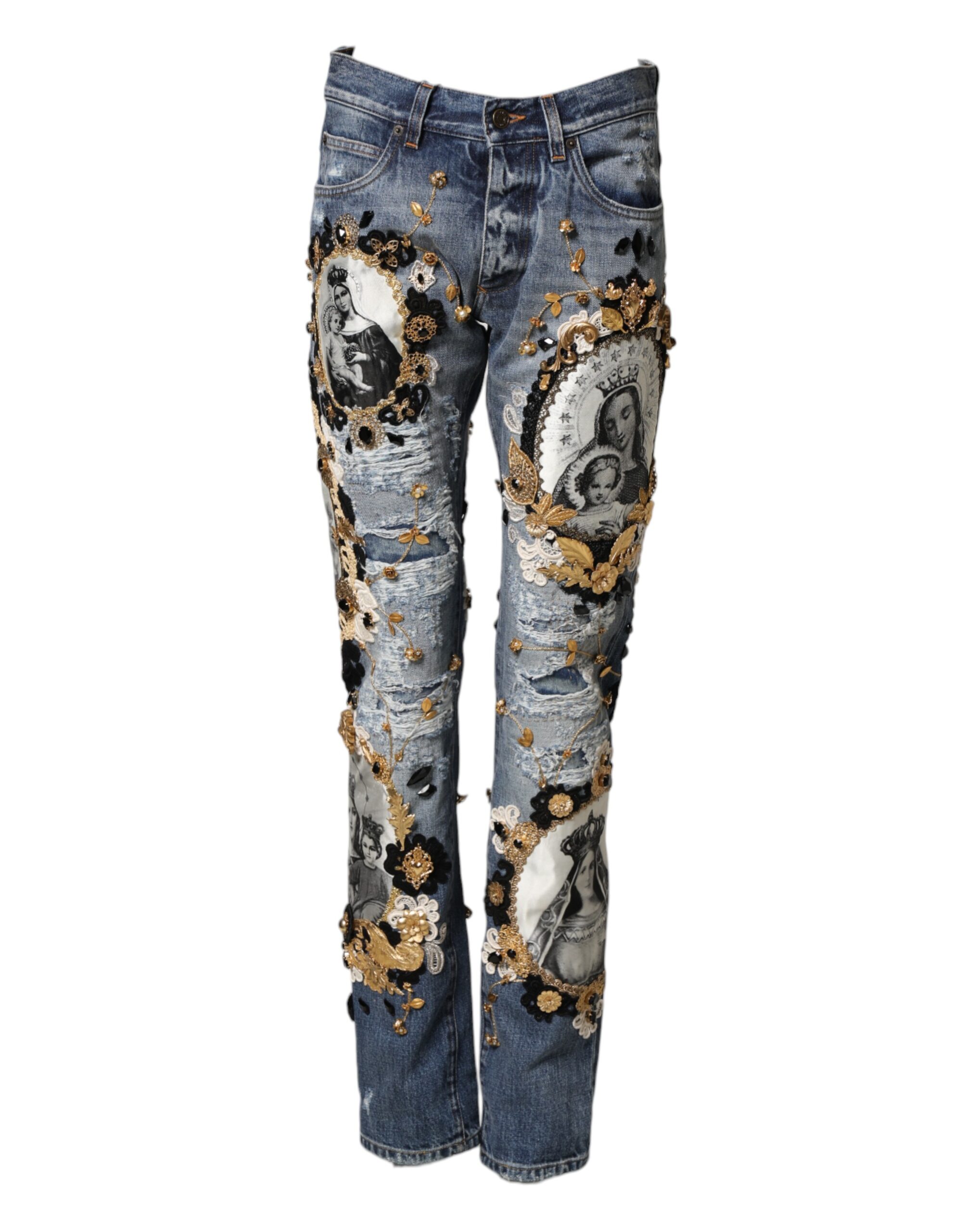 Dolce & Gabbana Blue Ripped Embellished Cotton Denim Jeans - Image 2