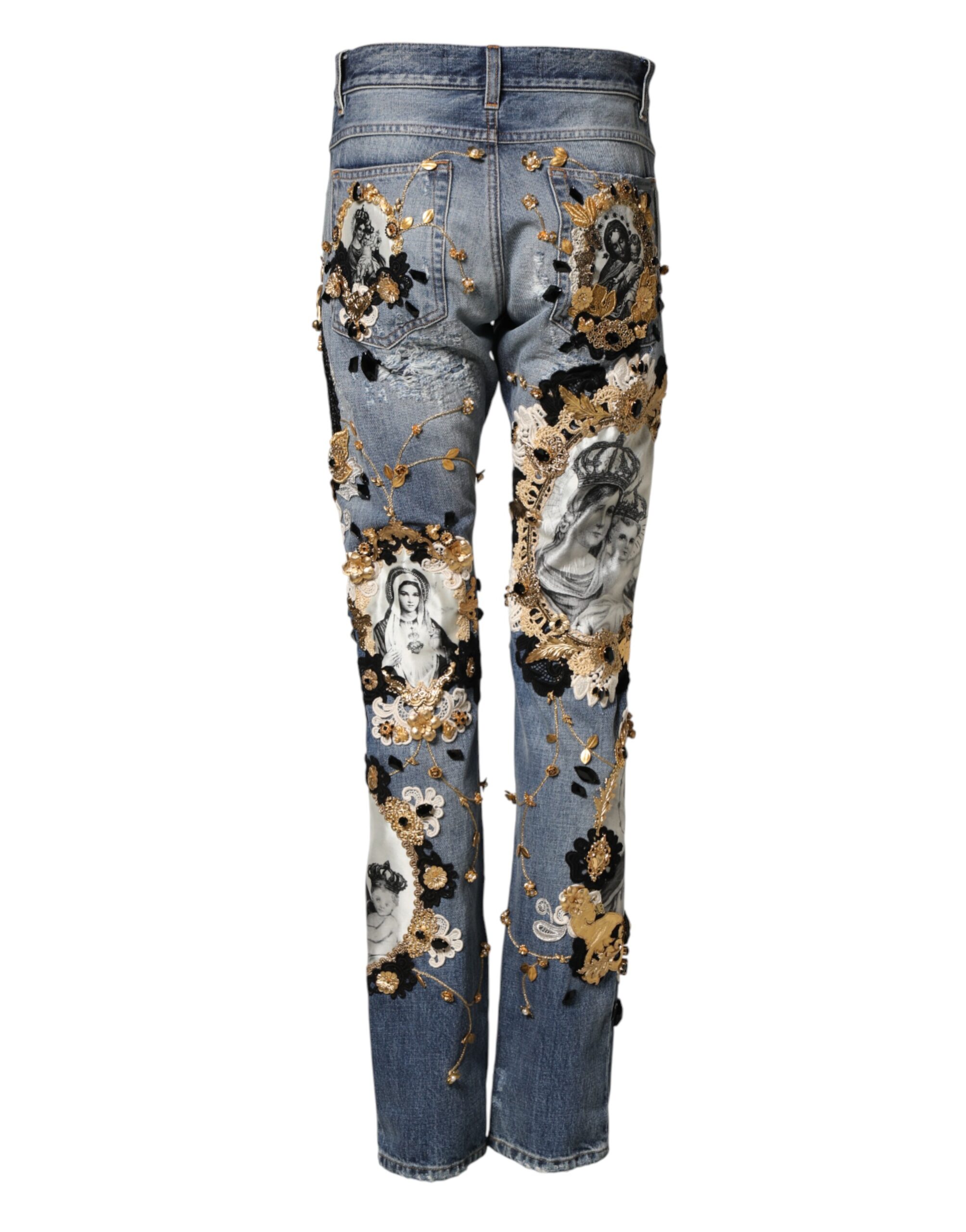 Dolce & Gabbana Blue Ripped Embellished Cotton Denim Jeans - Image 3