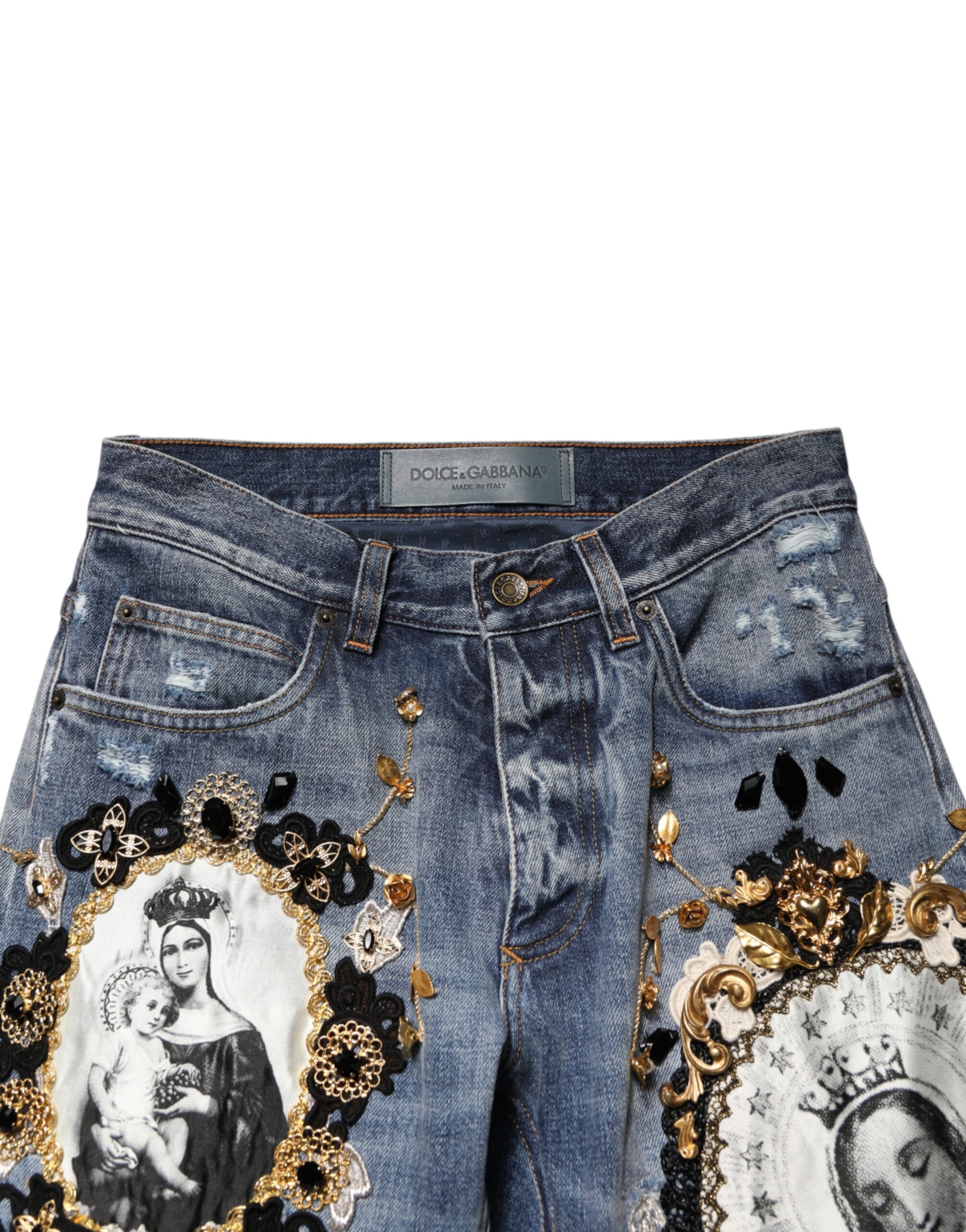 Dolce & Gabbana Blue Ripped Embellished Cotton Denim Jeans - Image 4