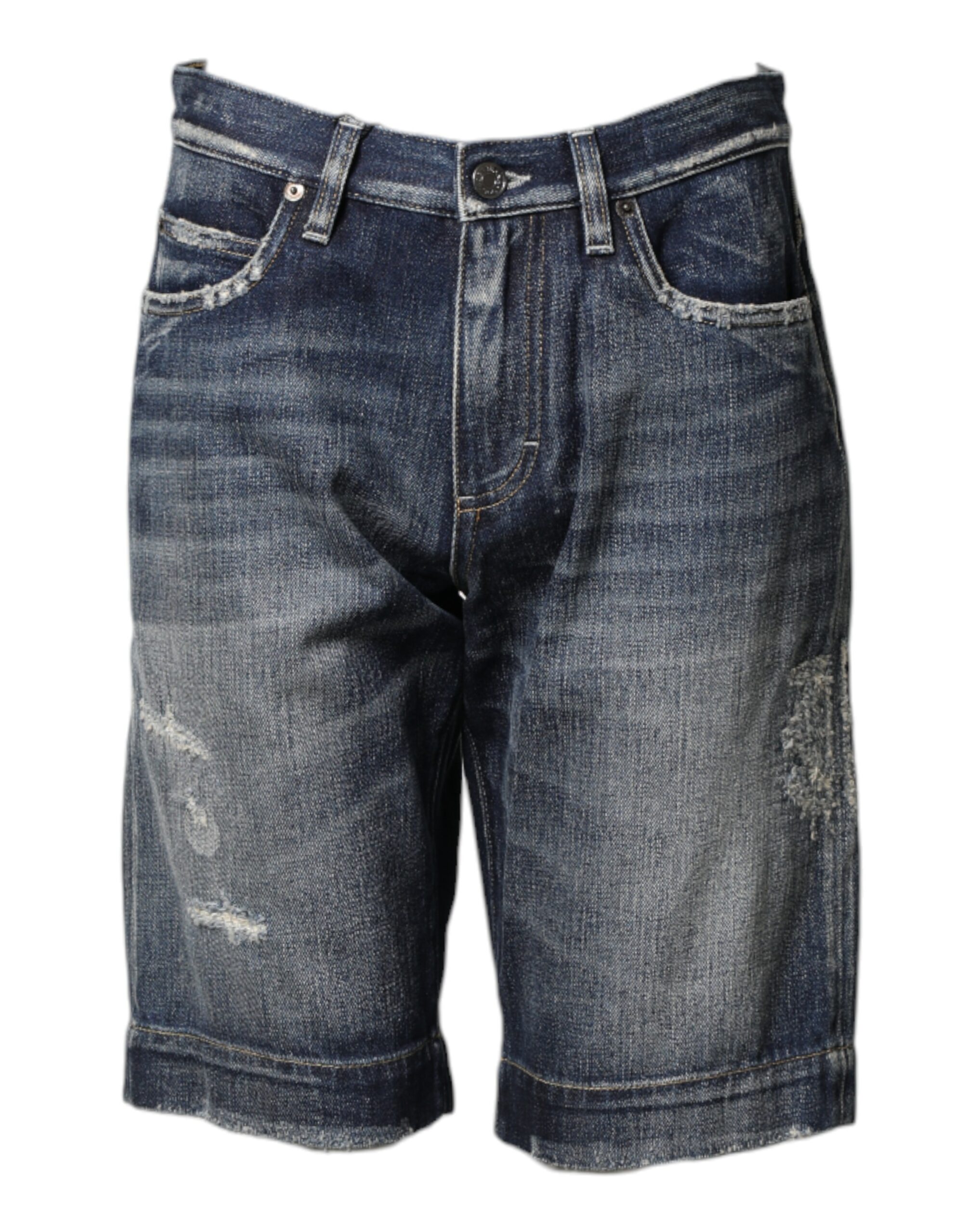 Dolce & Gabbana Blue Cotton Distressed Denim Bermuda Shorts - Image 2