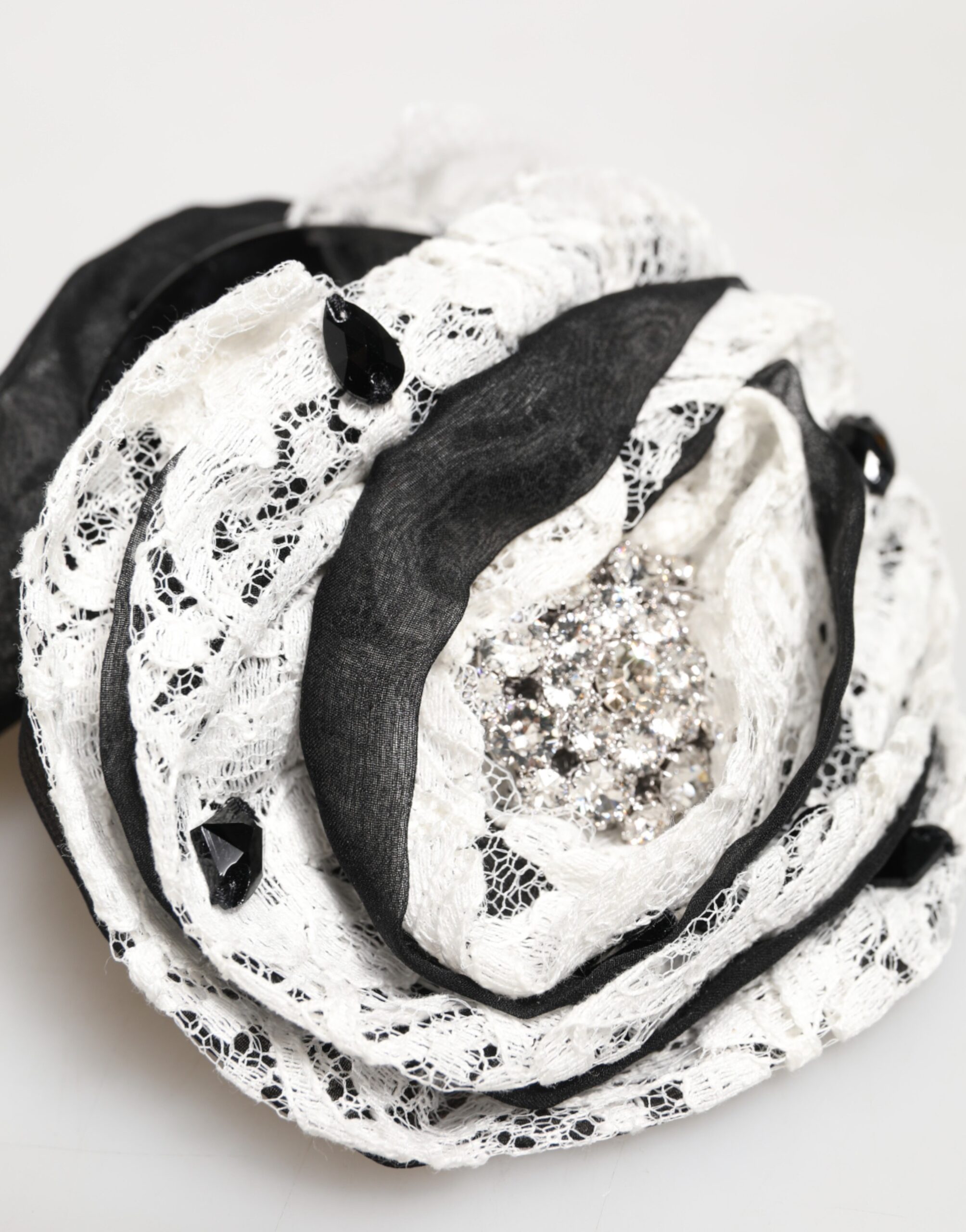 Dolce & Gabbana Black White Silk Floral Lace Crystal Accessory Hair Claw - Image 5
