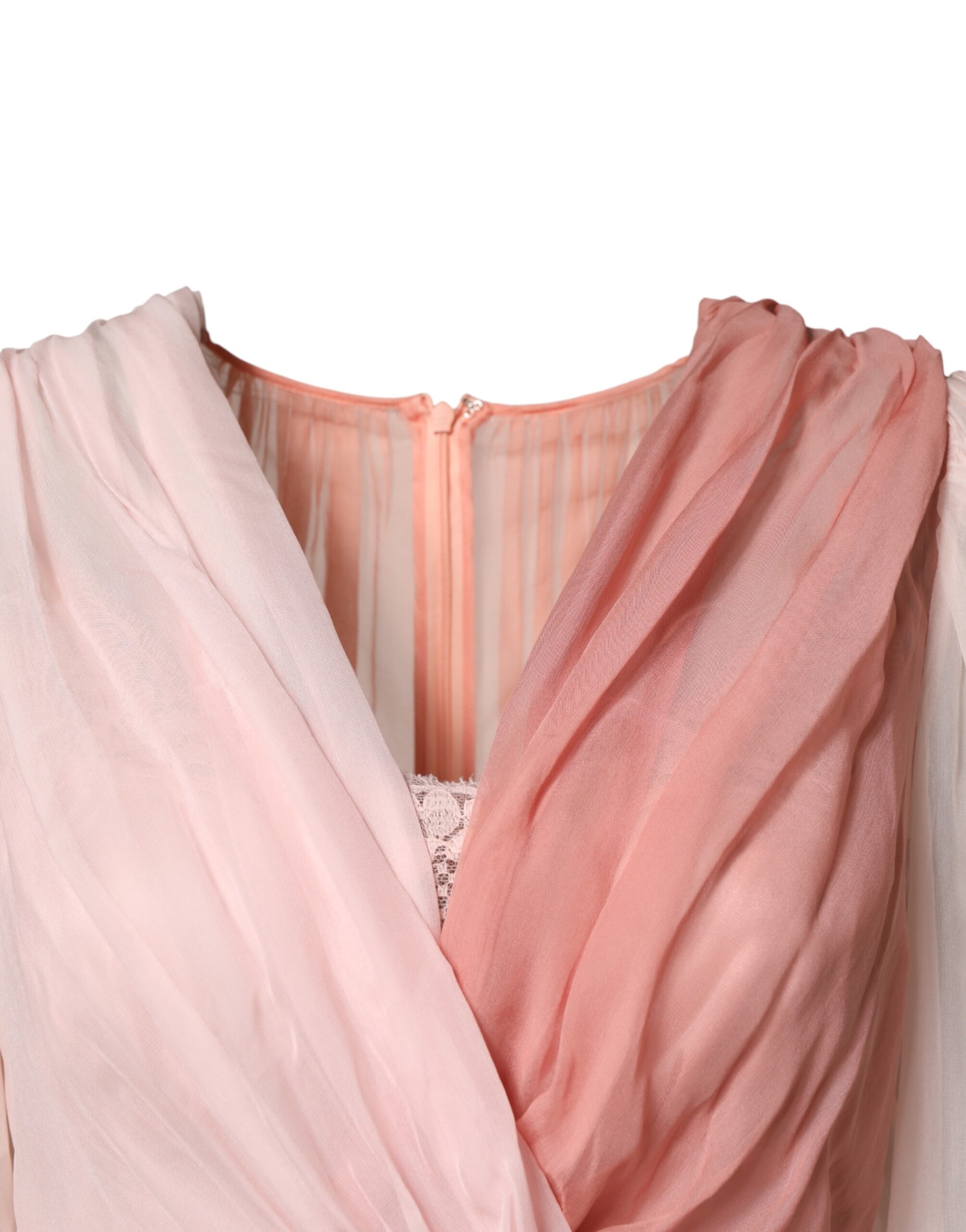 Dolce & Gabbana Pink Silk Tulle Long Sleeve V-neck Dress - Image 3