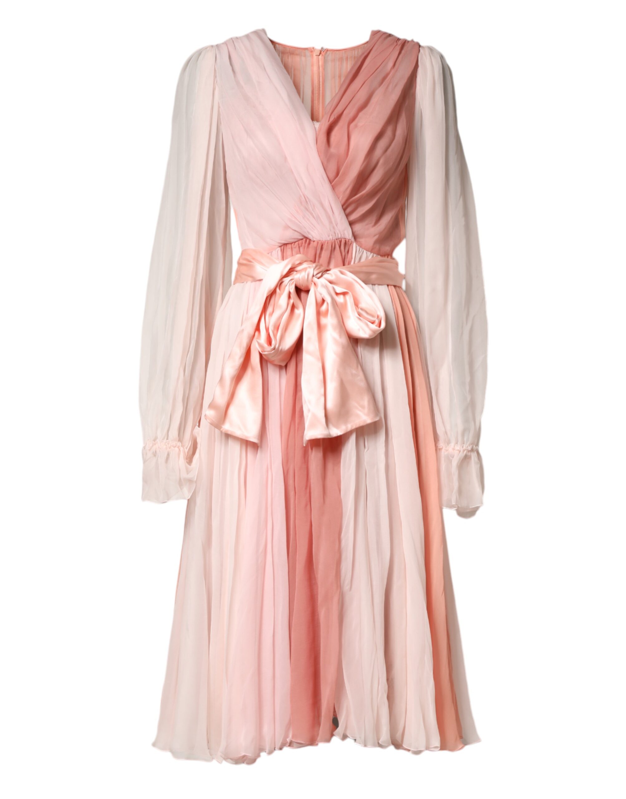 Dolce & Gabbana Pink Silk Tulle Long Sleeve V-neck Dress - Image 2