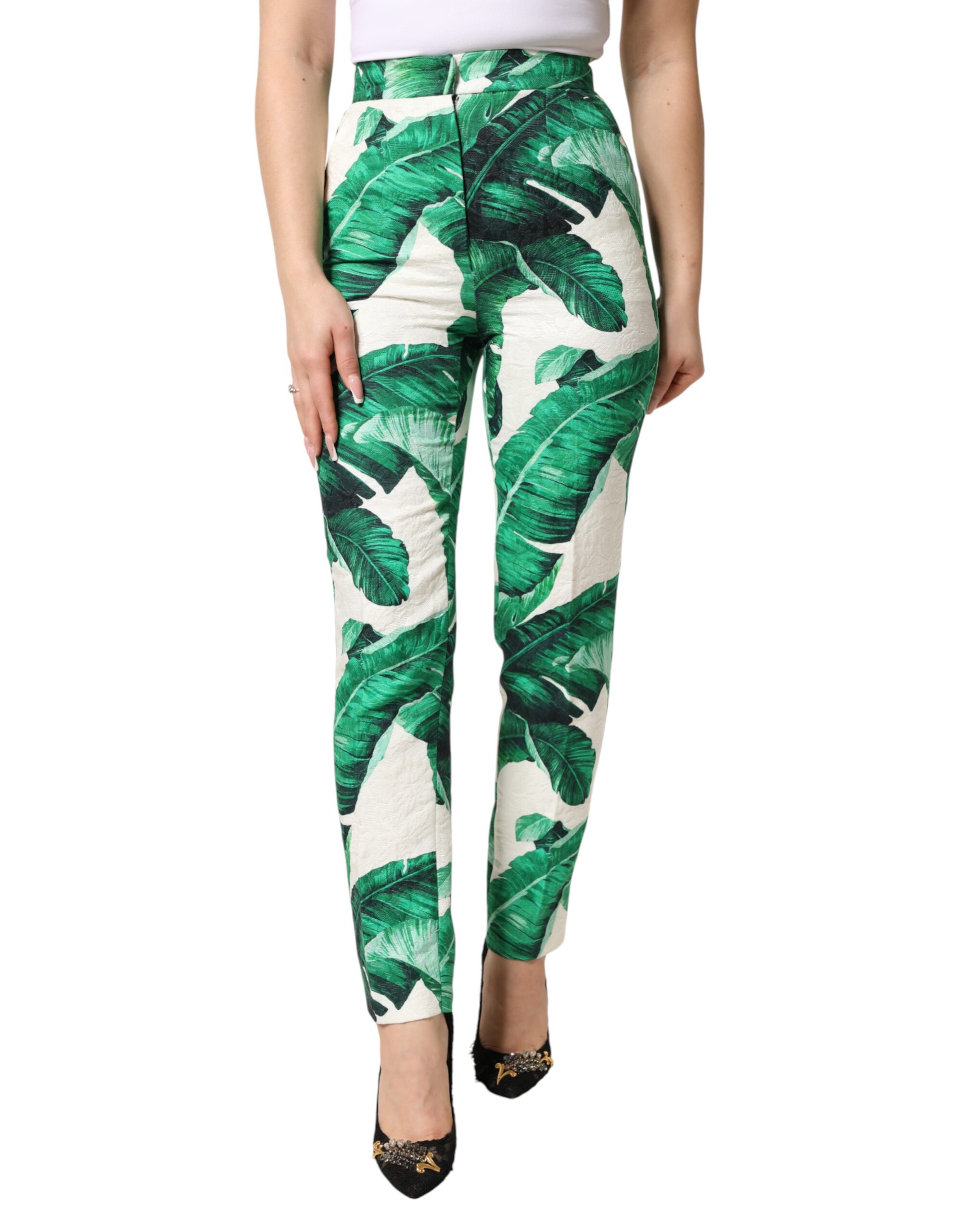 Dolce & Gabbana White Green Leaf High Waist Trousers Pants - Image 2