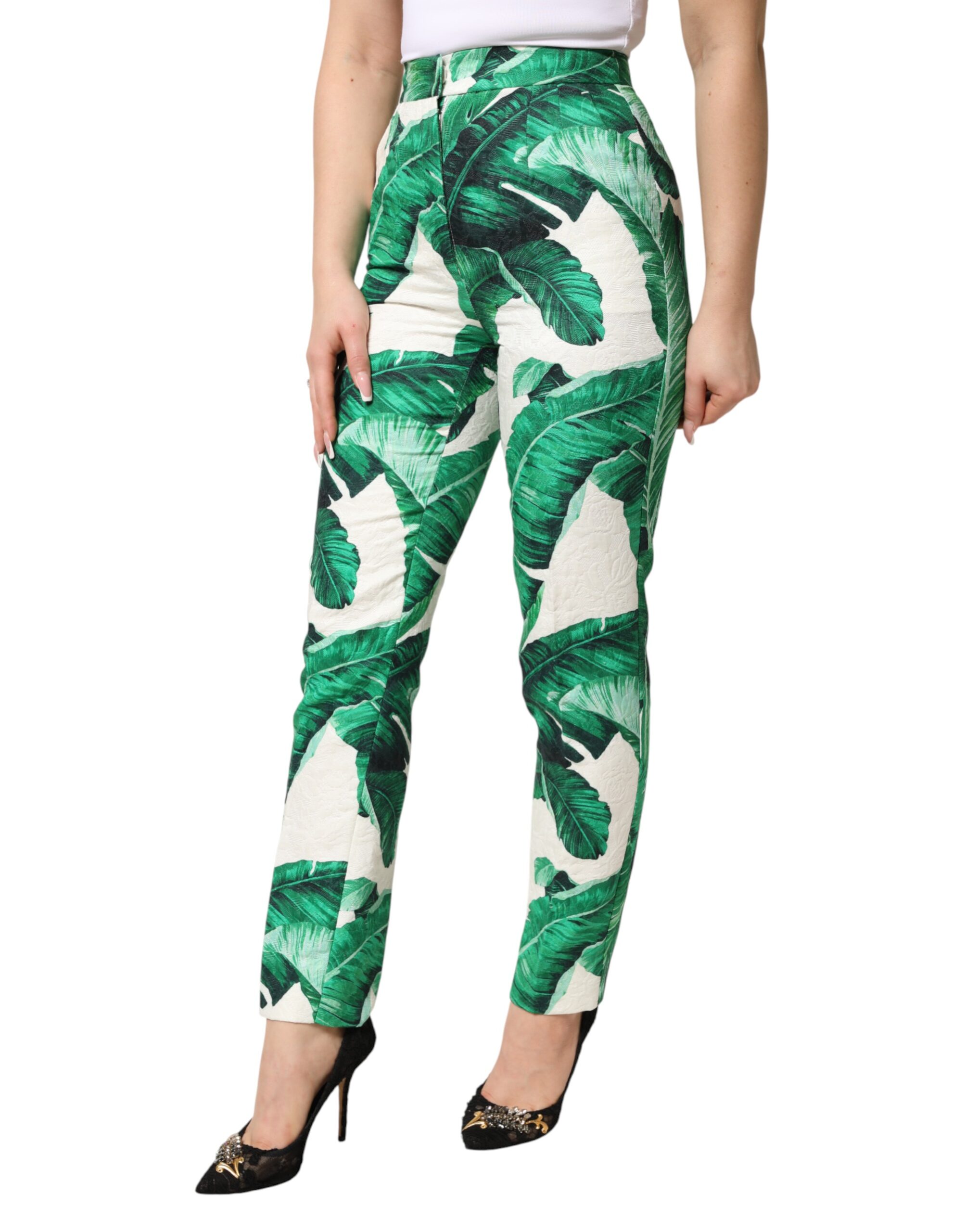 Dolce & Gabbana White Green Leaf High Waist Trousers Pants - Image 3