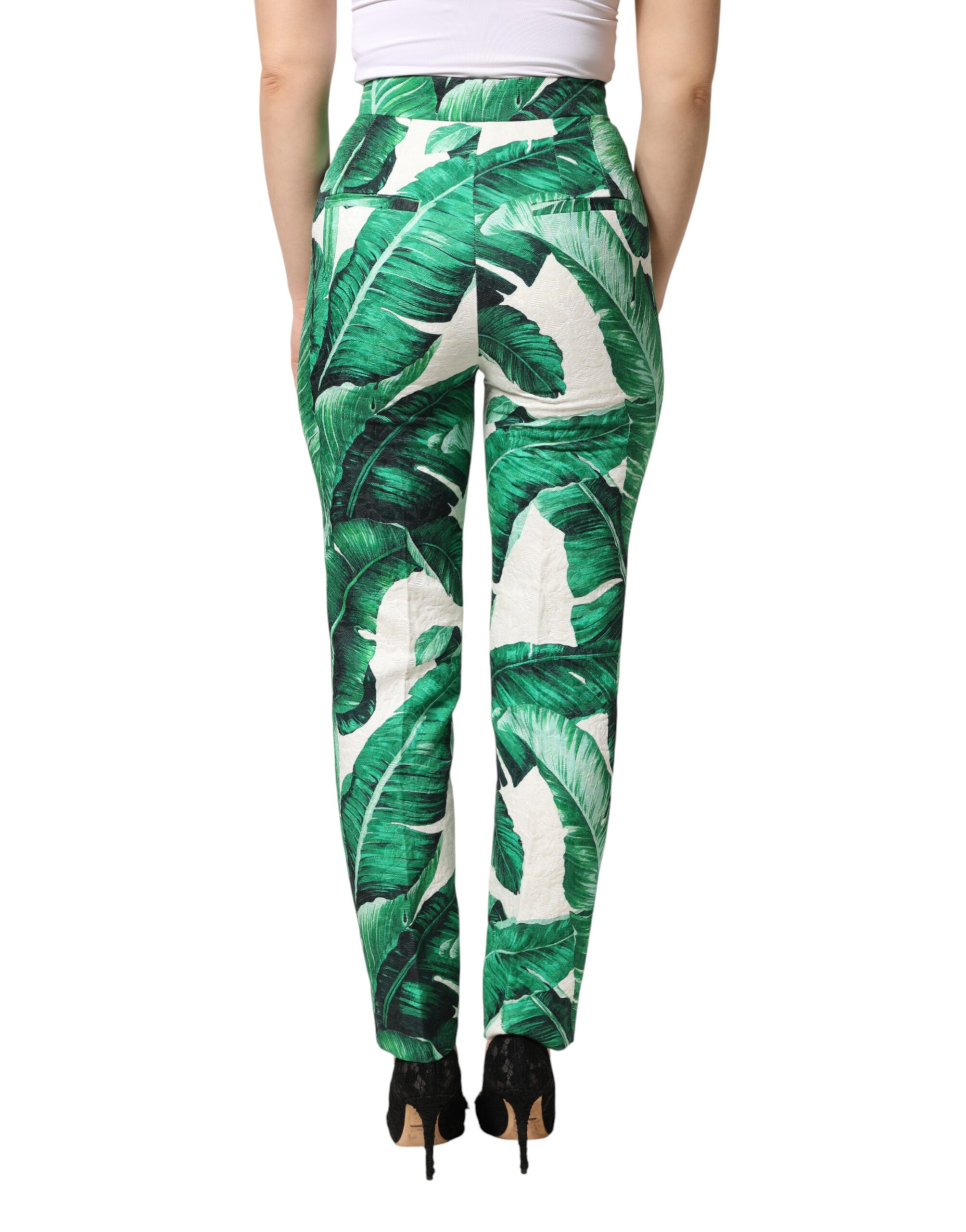 Dolce & Gabbana White Green Leaf High Waist Trousers Pants - Image 4