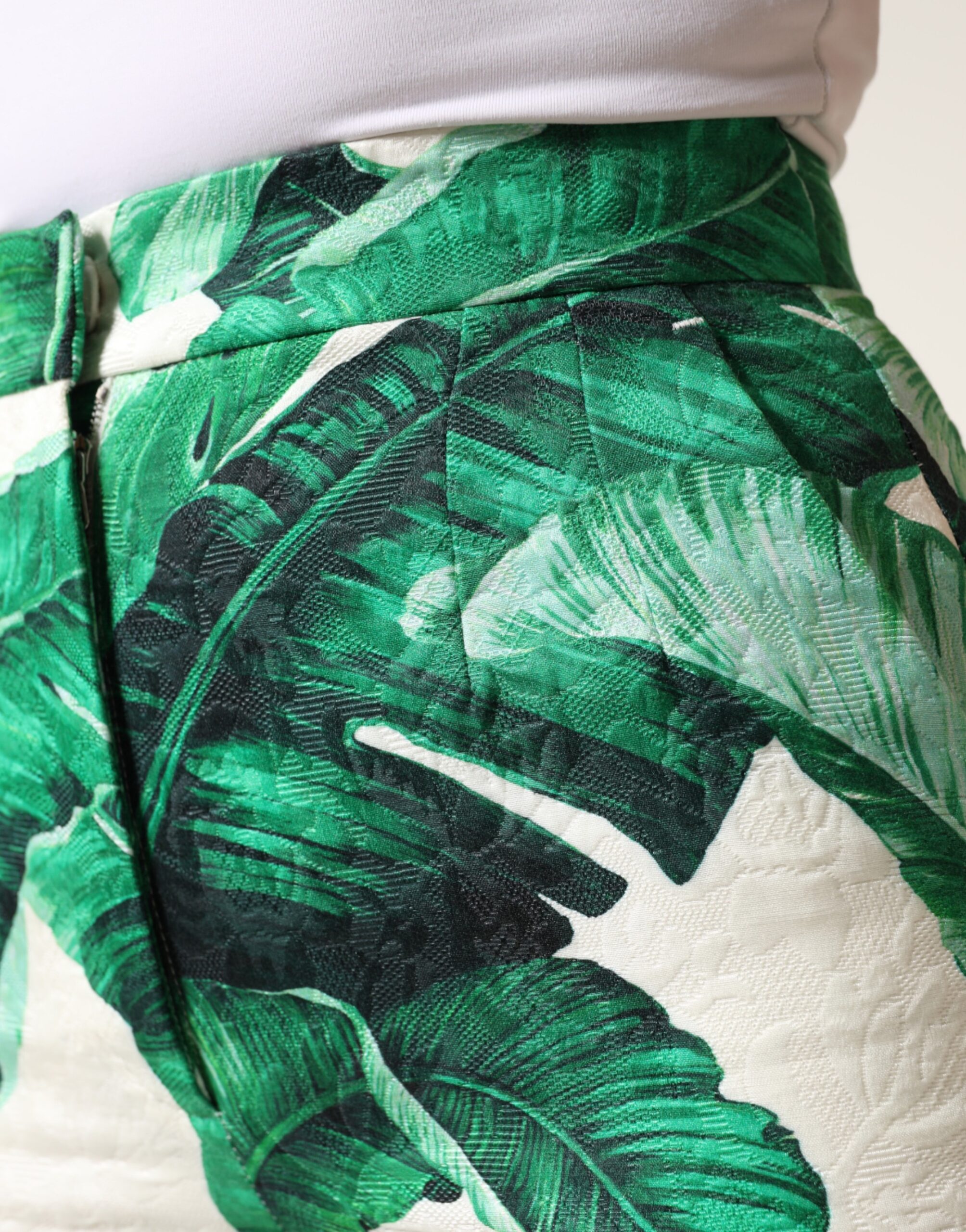 Dolce & Gabbana White Green Leaf High Waist Trousers Pants - Image 5