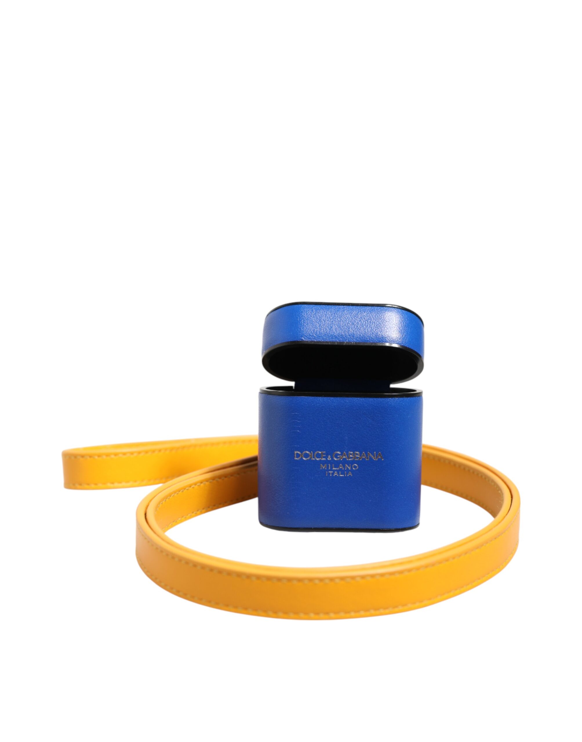 Dolce & Gabbana Blue Yellow Calfskin Leather Logo Strap Men Airpods Case - Image 2