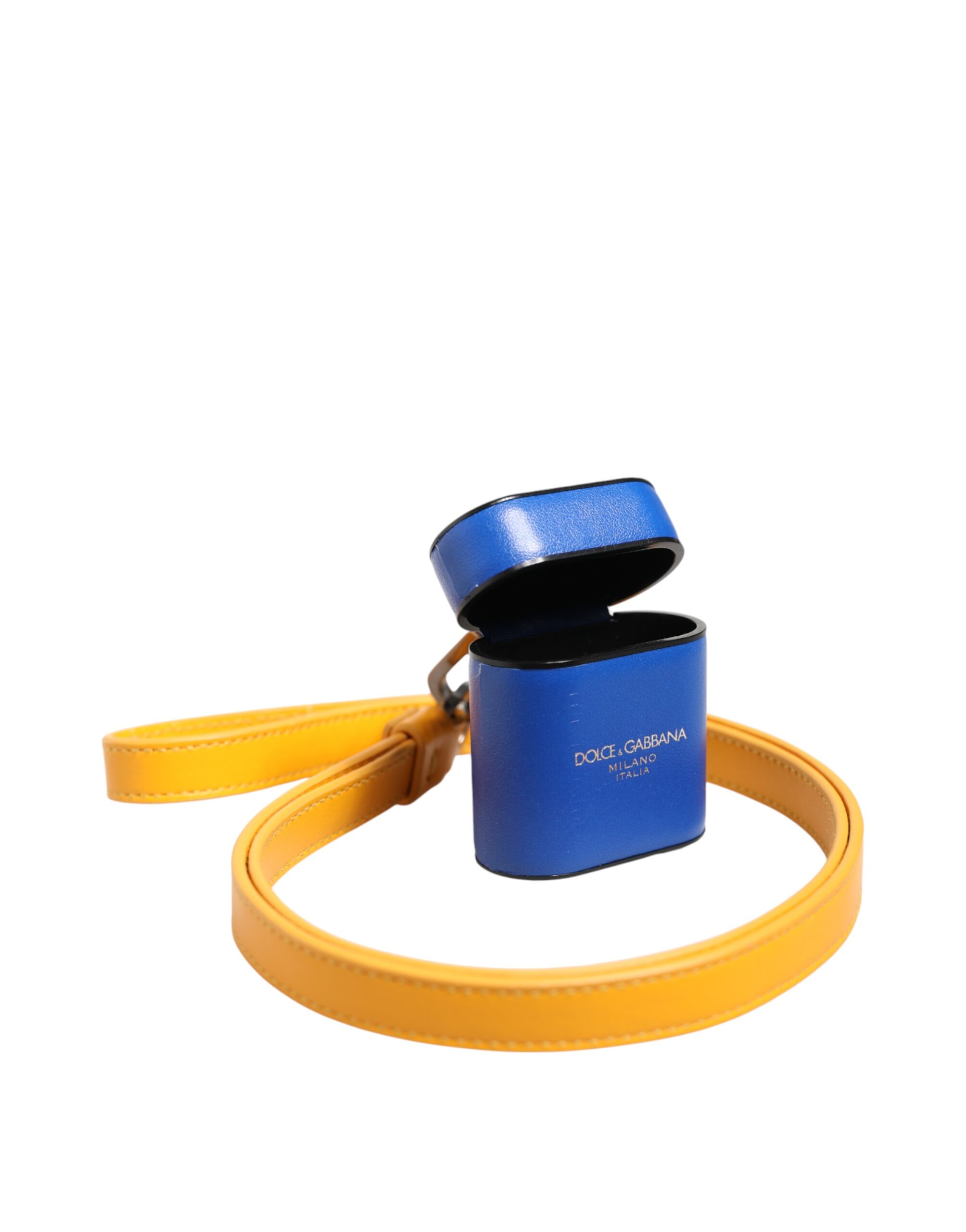 Dolce & Gabbana Blue Yellow Calfskin Leather Logo Strap Men Airpods Case - Image 3