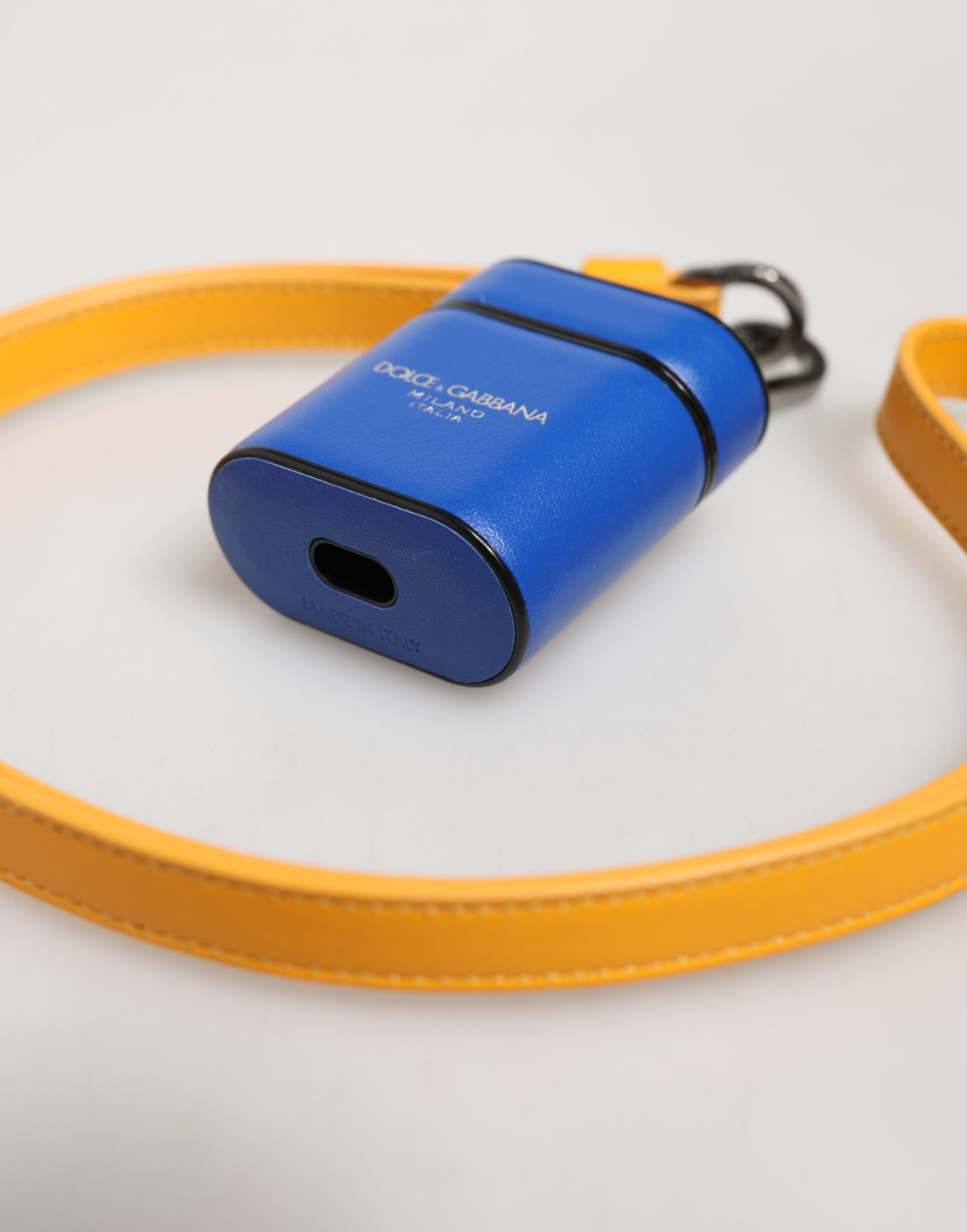 Dolce & Gabbana Blue Yellow Calfskin Leather Logo Strap Men Airpods Case - Image 6