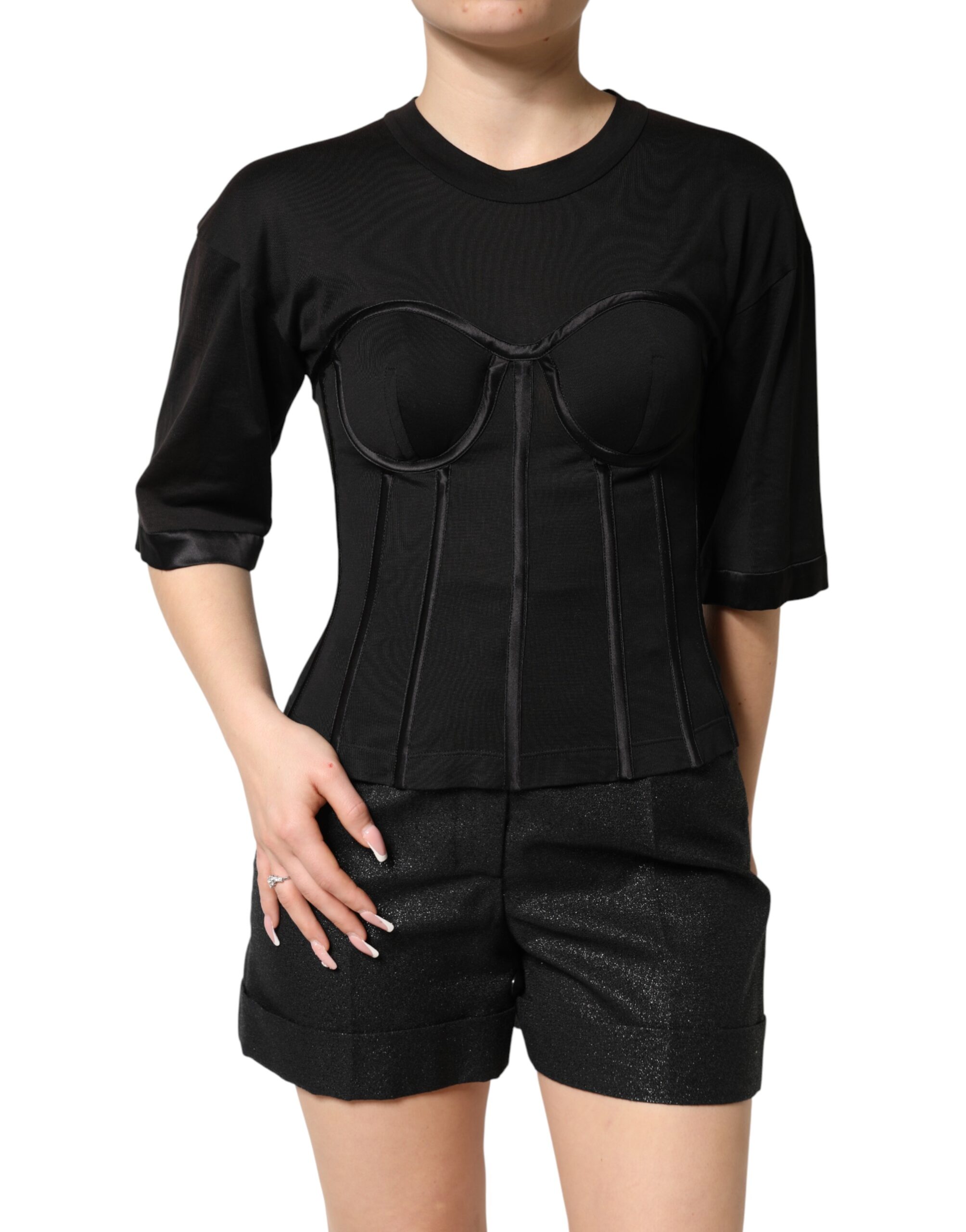 Dolce & Gabbana Black Cotton Bustier Corset Short Sleeves T-shirt - Image 2